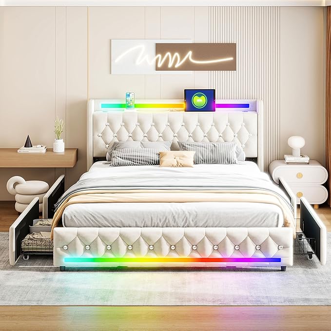 Music Player Full Bed with Bluetooth Speakers, USB&Type C Charging Ports