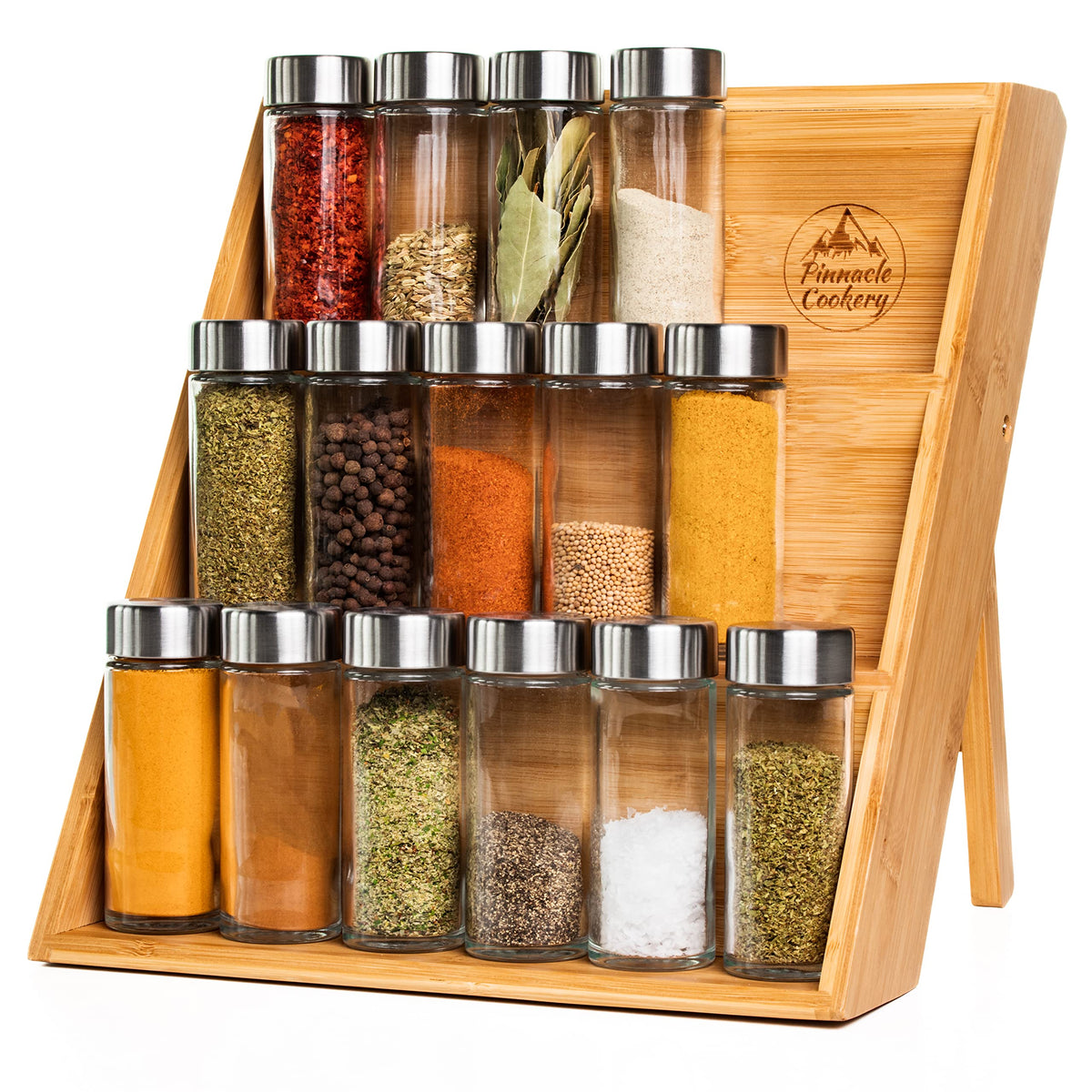 Pinnacle Cookery Bamboo Spice Rack Organizer for Countertop - Eco Friendly Seasoning Organizer 3-Tier Spice Shelf - Space Saving Wooden Spice Rack