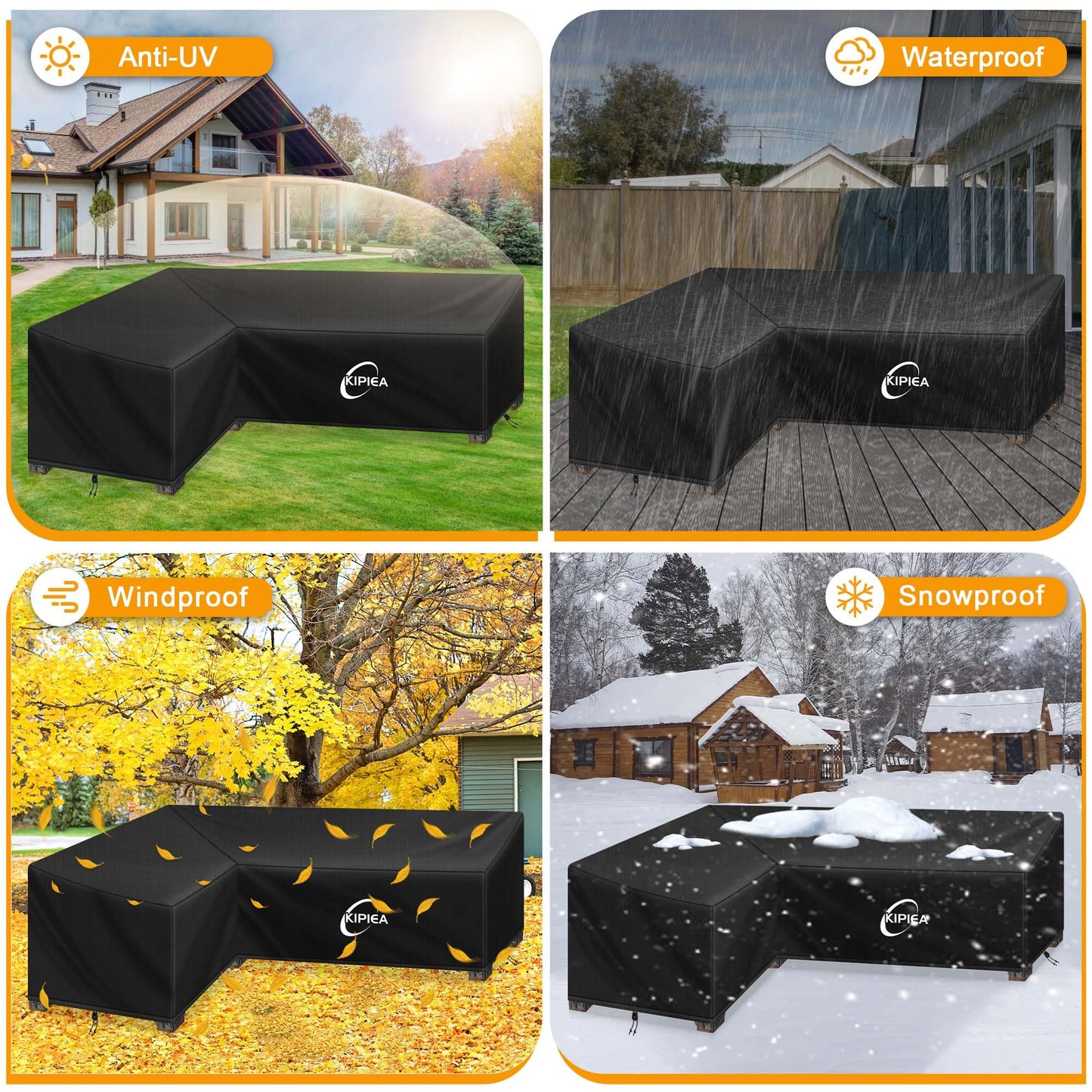 Kipiea L-Shape Patio Furniture Covers Waterproof, 500D Heavy Duty Outdoor Sectional Cover Windproof, Outdoor Couch Cover Anti-UV, No Tears & No Fading (Left Facing, 90" x 120" L x 33.5" D x 31" H)