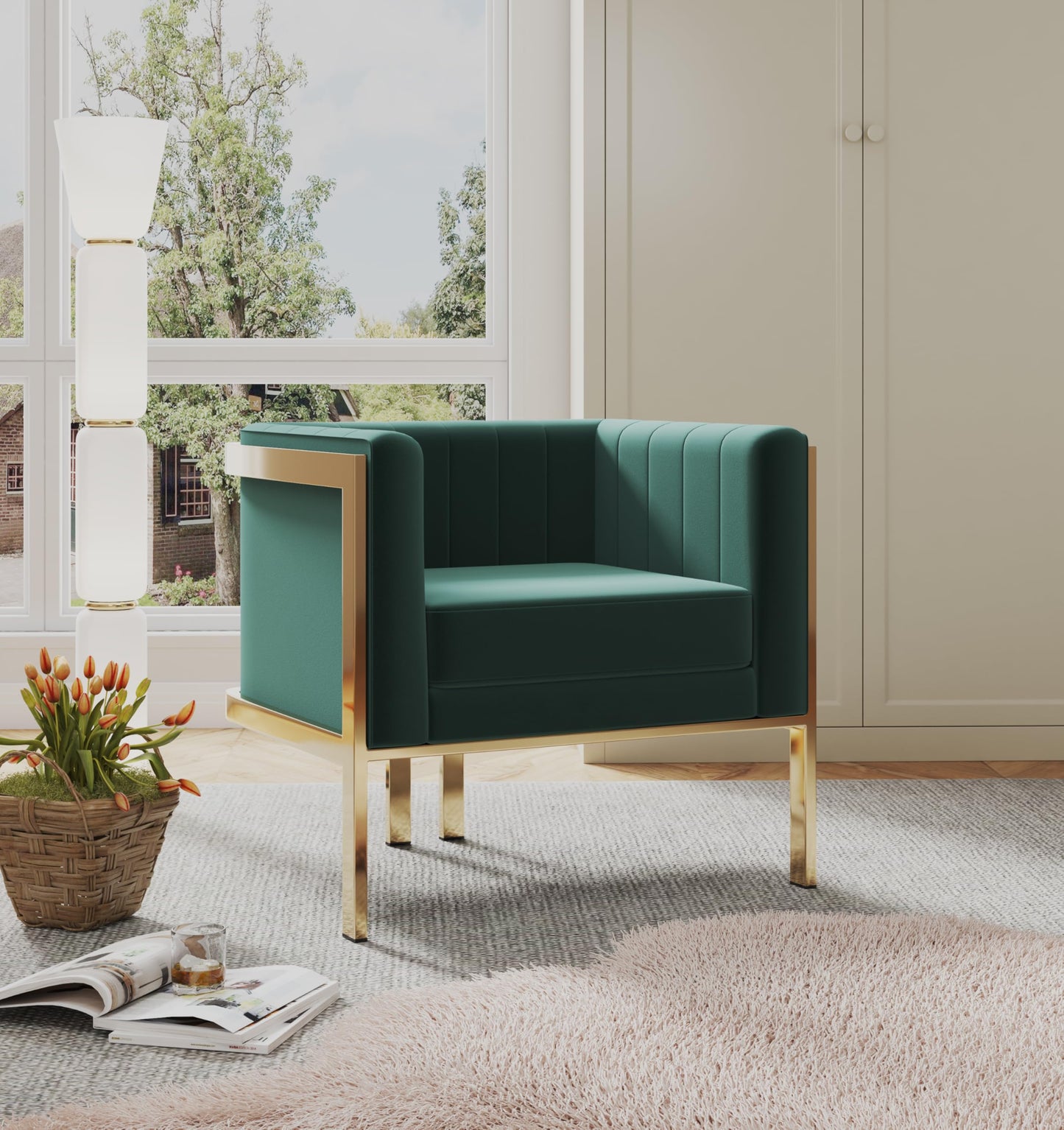 Manhattan Comfort Paramount Velvet Accent Armchair Set of 2, Polished Brass Frame with Geometric Legs, Art Deco Chair, 1920s Glamour, Fully Assembled, Living Room Lounge Seat, Forest Green