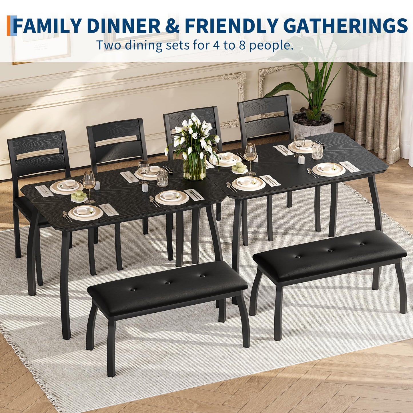 IDEALHOUSE 43'' Dining Table Set for 4, Wooden Kitchen Table with Upholstered Bench & 2 Cushion Chairs, Industrial Dinette Set for Studio, Kitchen, Dining Room, Apartment, Black