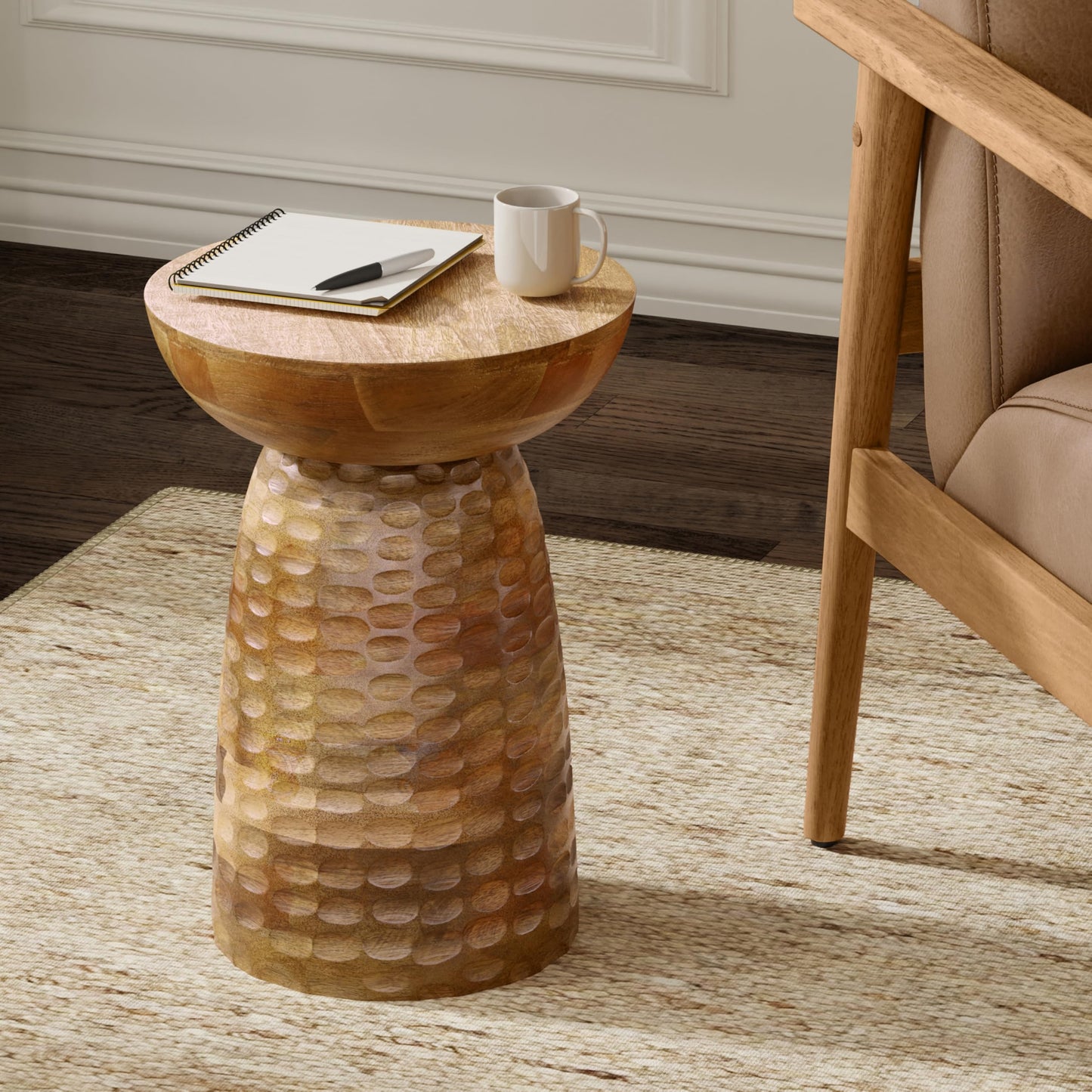 SIMPLIHOME Boyd End Table - 13" Wide x 18" High Solid Mango Wood Round Accent Table in Natural, Handcrafted Contemporary Nightstand or Lamp Stand for Living Room, Bedroom, or Office, Assembled