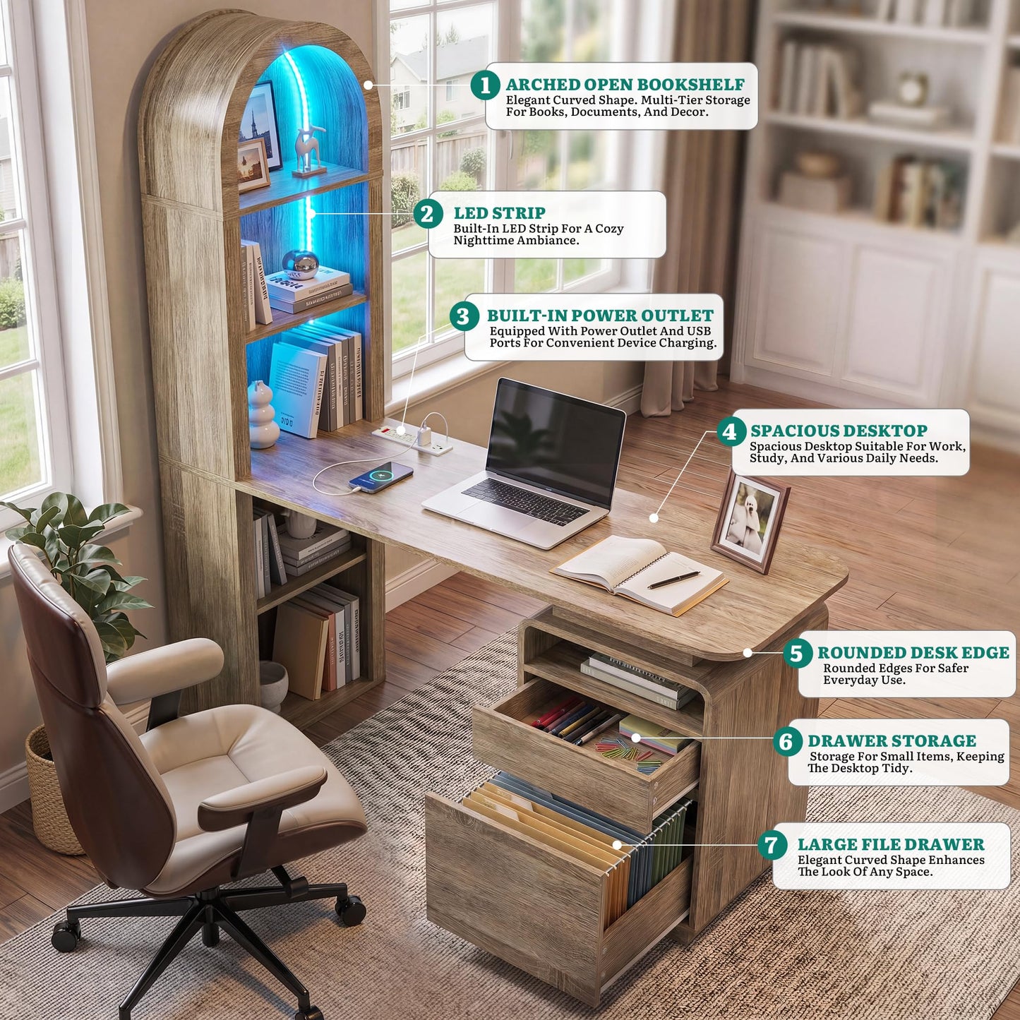 YITAHOME 59" Computer Desk with LED Lights & Power Outlets, Home Office Desk with Bookshelf, File Drawer & Storage Shelves, Gaming Desk with USB Ports, Modern Study Writing Table, Oak