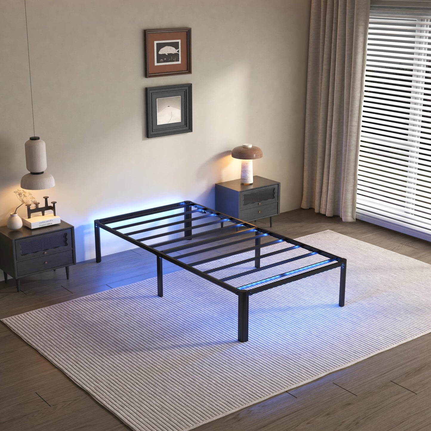 DORITRON Twin Bed Frame with Led Lights, 14 inch Heavy Duty Metal Platform Bed Frame Twin Size with Charging Station, No Box Spring Needed, Noise-Free