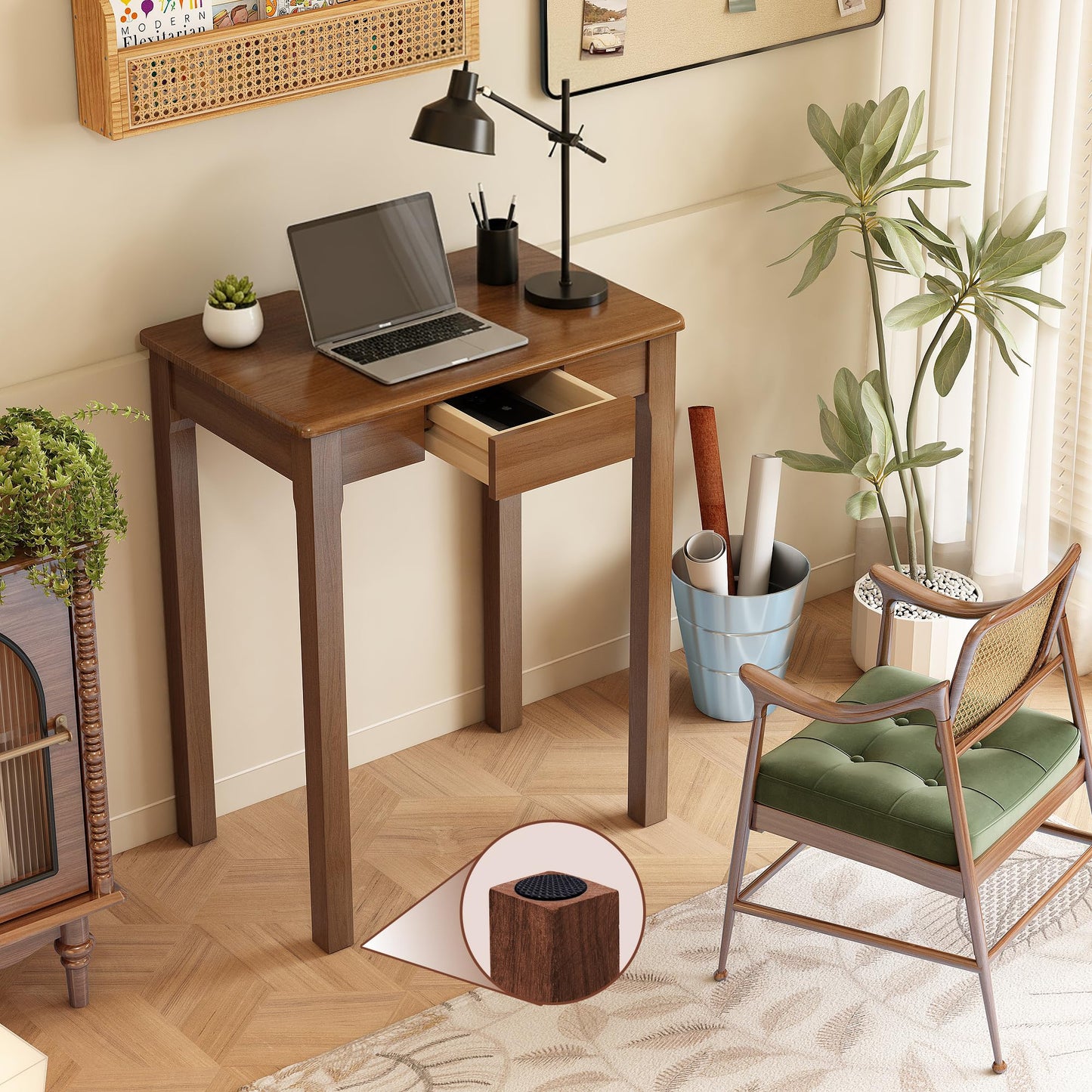 Love-KNPTUS Solid Wood Desk with Drawers - 23.6" Narrow Desks for Small Spaces, Mid Century Modern Desks, Small Wooden Vintage Computer Writing Desk, Study Table for Home Office Bedroom, Walnut