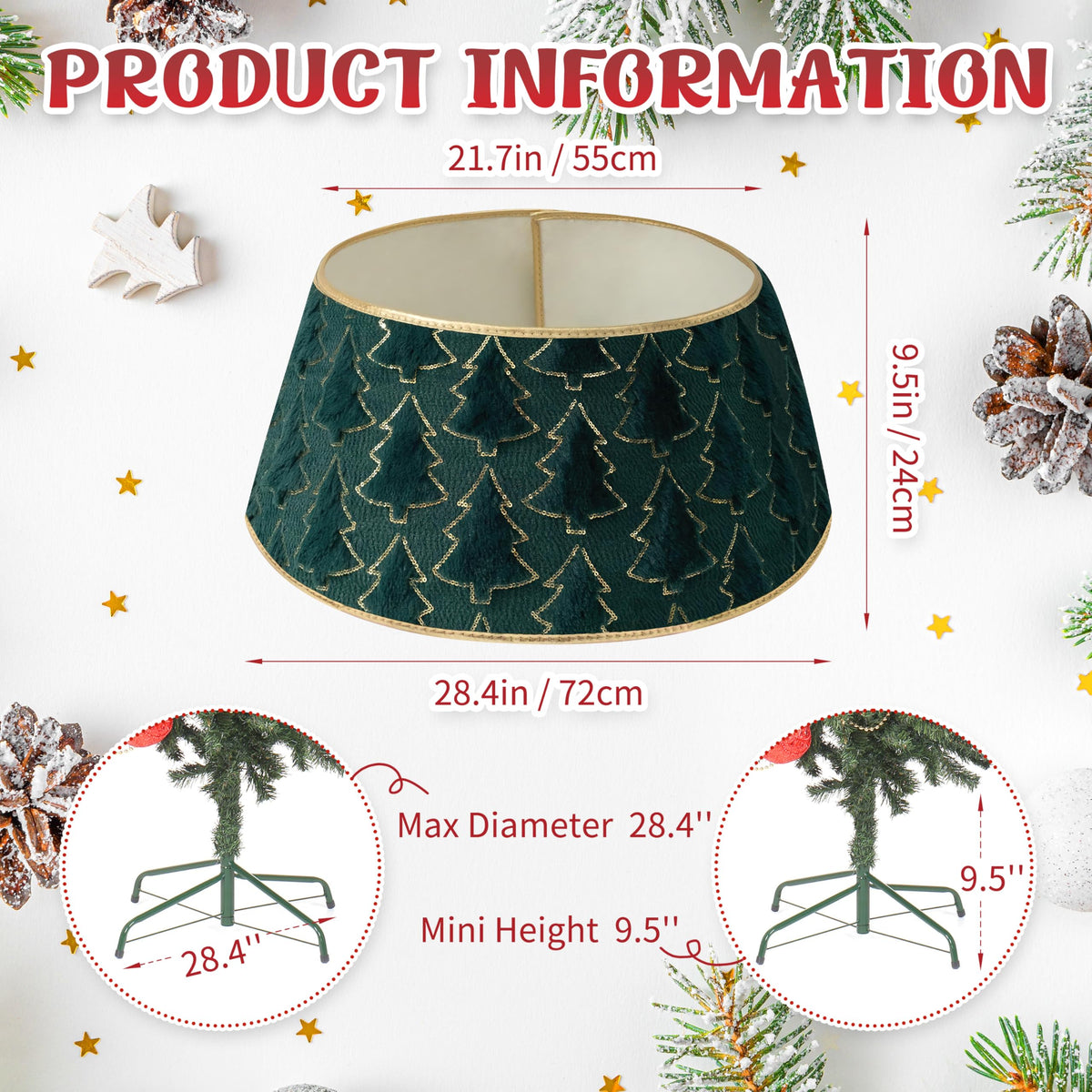 Faux Plush Christmas Tree Collar,Rustic Farmhouse Tree Skirt Ring with Xmas Tree Textured Pattern for Holiday Christmas Indoor Home Decor（Green）