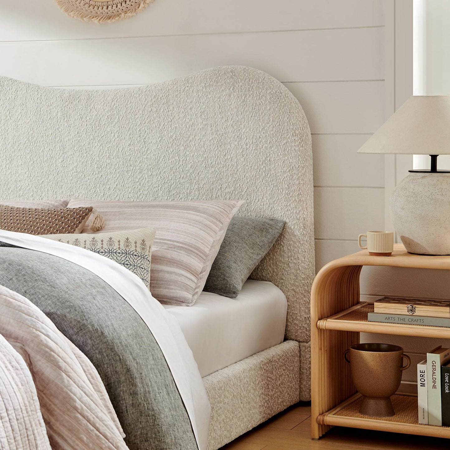 Seluna Queen Size Boucle Platform Bed in Pearl with Curved Headboard – Upholstered Queen Bed Frame with Wood Slats