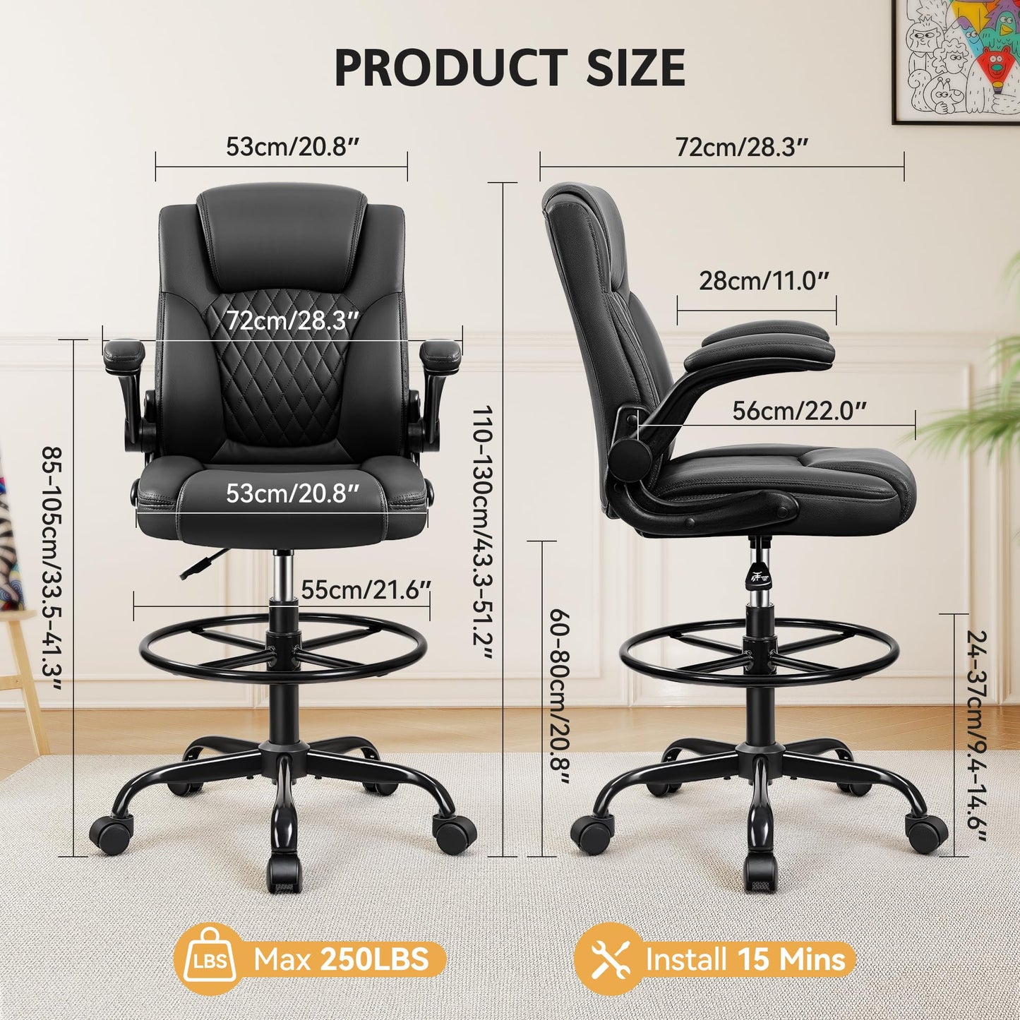 Drafting Chair, Tall Office Chair for Standing Desk, High Executive Leather Ergonomic Computer Chair with Adjustable Height and Flip-Up Armrest for Counter Height Desk, Black, Pack of 1
