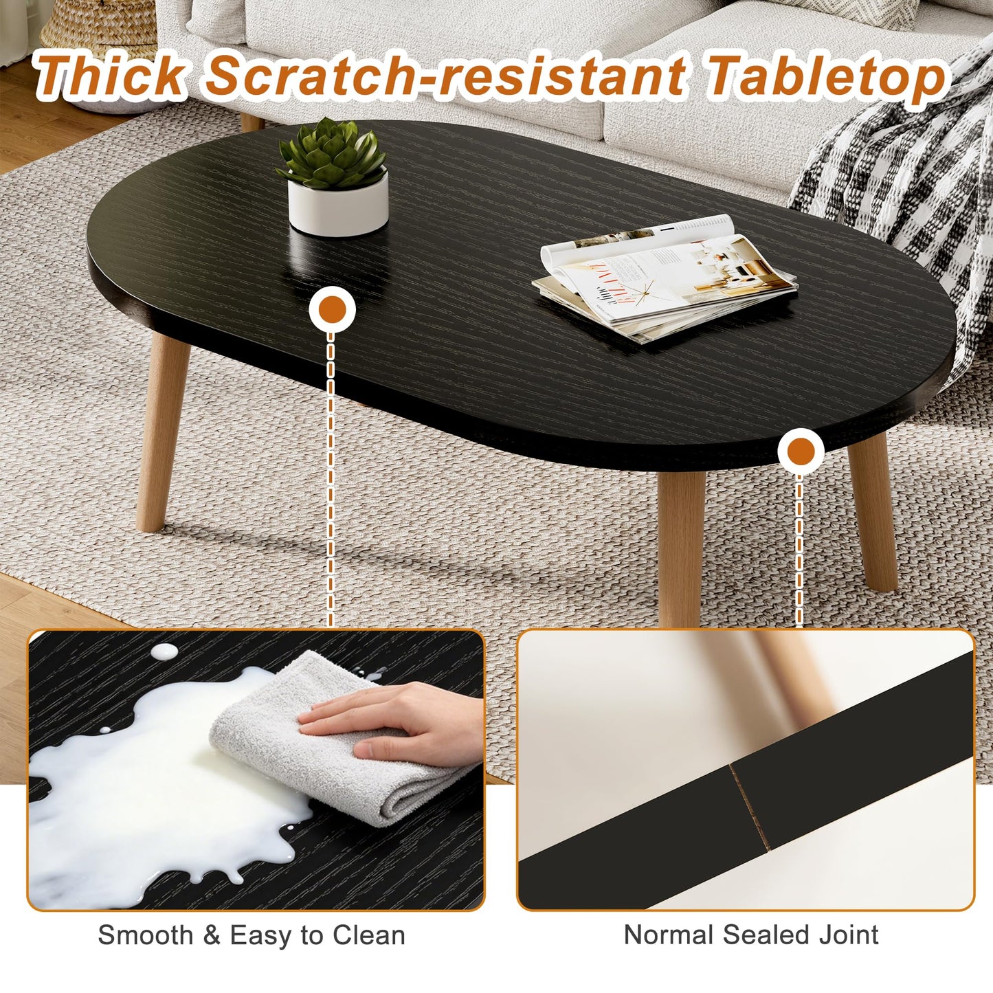 FURMORENE Coffee Table Low Table with Solid Wood Legs, 31.5x19.7 Large Coffee Table Side Table, Floor Table Desk for Sitting on The Floor, Living Room Furniture for Office Apartment Home, Oval Black