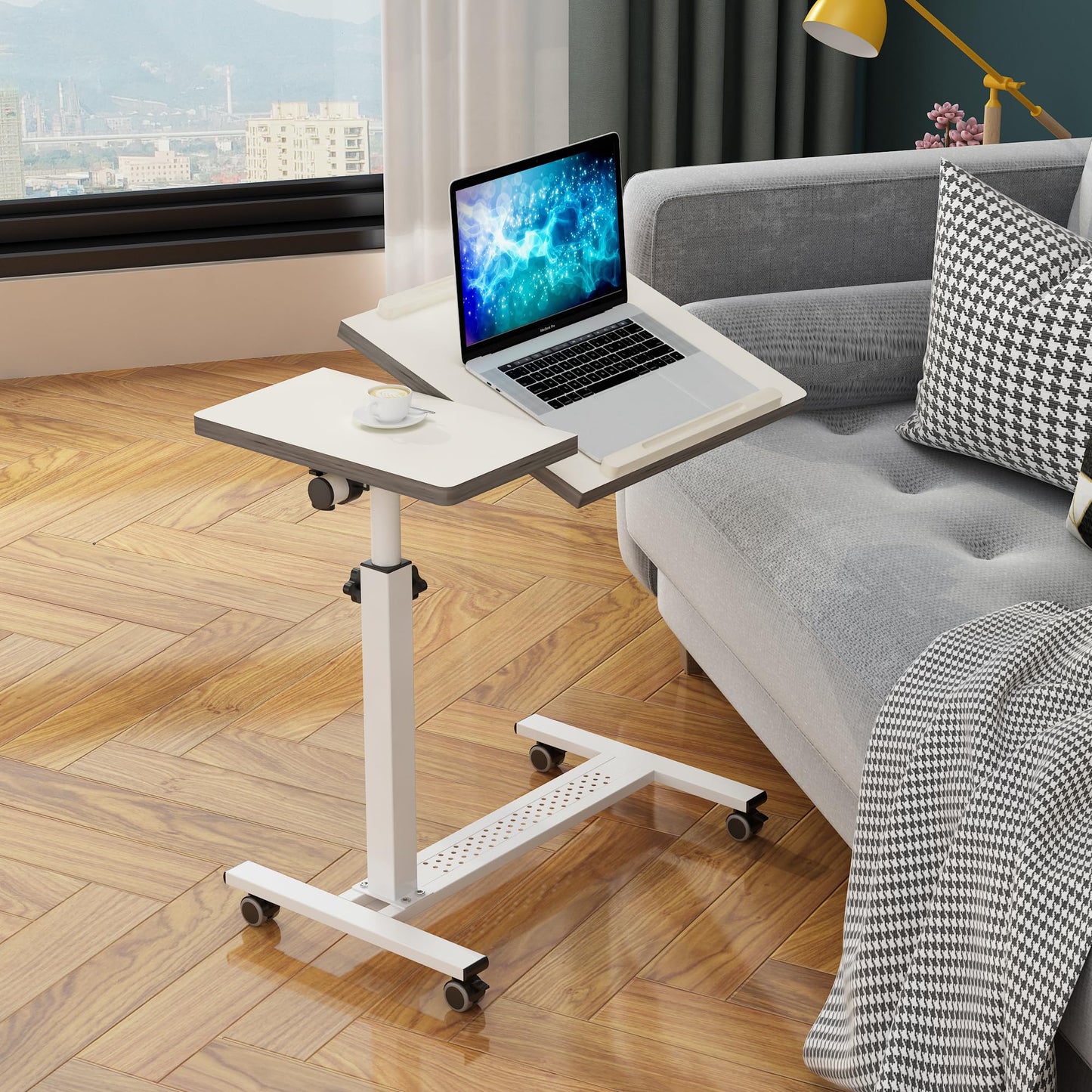 TigerDad Over Bed Table with Wheels Adjustable | Rolling Laptop Table Overbed Desk Hospital Tray Table Sofa Chair Side Table for Home Office (White)