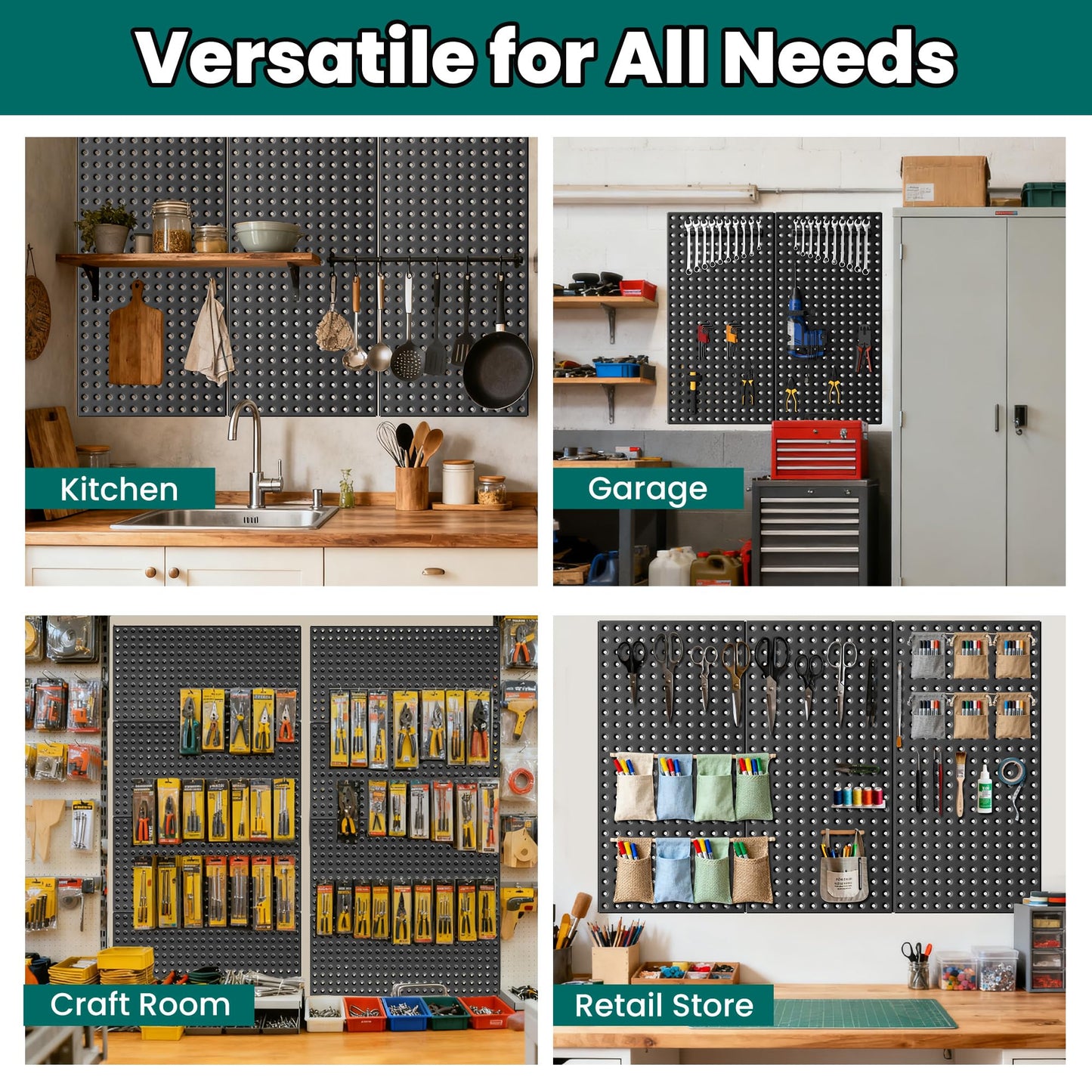 EVERHANGER Metal Pegboard Panels 24" x 12", Heavy Duty Steel Peg Boards for Garage, Pegboard Wall Organizer for Tool Storage and Organization, Black, 4 Pack