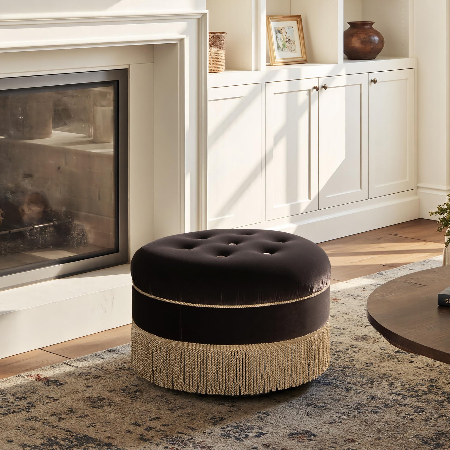 Jennifer Taylor Home Yolanda 24" Round Upholstered Accent Ottoman, Deep Brown Performance Velvet