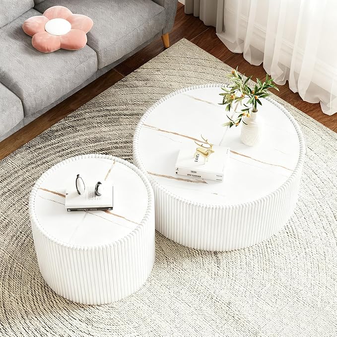SSLine Round Drum Coffee Table Set of 2 Modern Sintered Stone Top Nesting