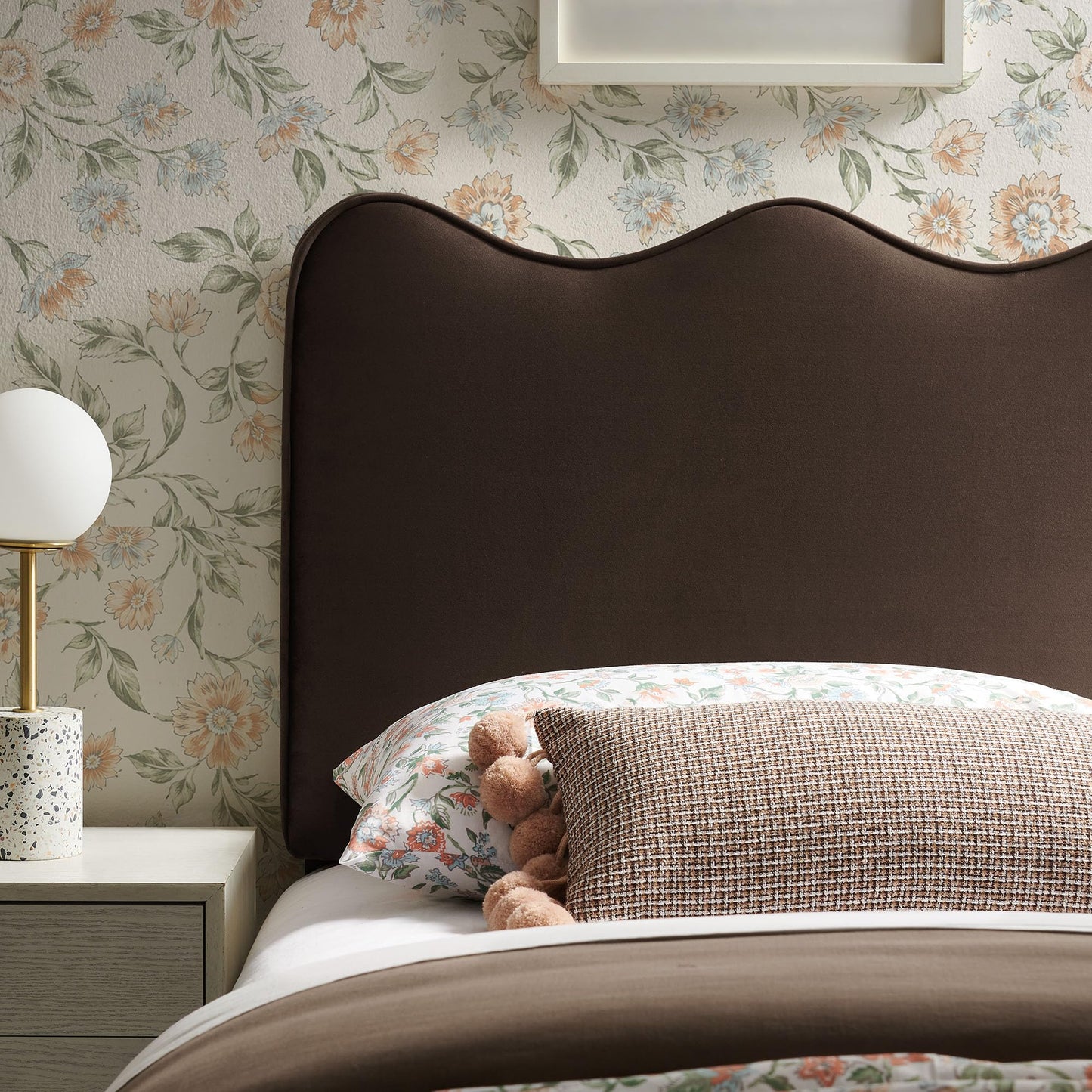 Monday Athena Twin Size Performance Velvet Adjustable Headboard in Chocolate Brown - with Scalloped Wave Design and Stain-Resistant Velvet Upholstery