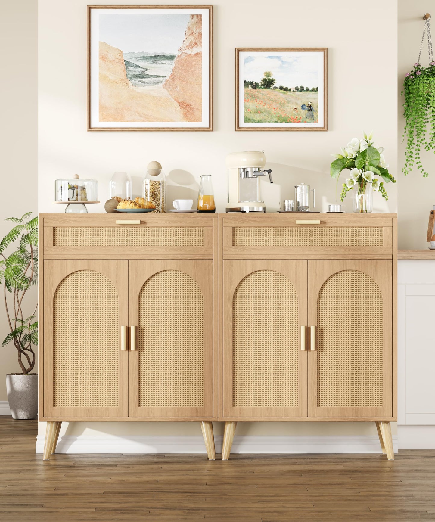 Rattan Sideboard Buffet Cabinet with Storage, Boho Sideboard with Drawer & Adjustable Shelf, Kitchen Floor Cabinet with 2 Doors & Solid Wood Feet, Coffee Bar for Entryway, Living Room, Natural Oak