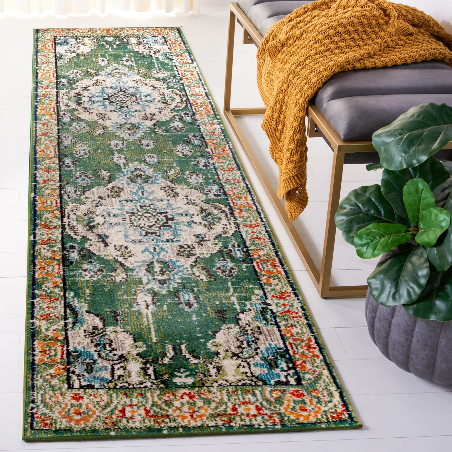 SAFAVIEH Monaco Collection Runner Rug - 2'2" x 14', Forest Green & Light Blue, Non-Shedding & Easy to Clean, Distressed Medallion Design, Ideal for Hallway, Foyer, Entryway, Kitchen, Bedroom (MNC243F)