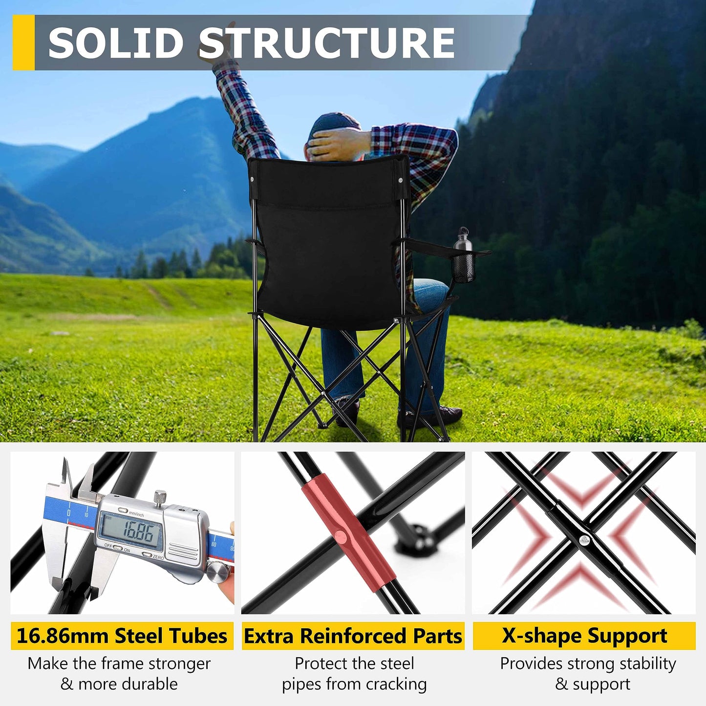 Joyfair Portable Camping Chair, Outdoor Lawn Folding Chairs for Adults, Heavy Duty Large Foldable Chairs for Beach, Fishing, Tailgating and More Outdoor Sport, Carry Bag & Cup Holder (Black)