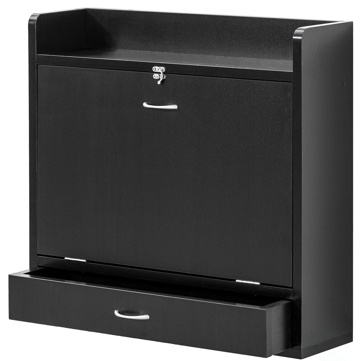 Basicwise Wall Mounted Folding Desk - Space Saving Fold Down Desk with Storage Shelves and Drawer, Convertible Floating Laptop Table for Small Spaces, Home Office, 23.75 x 6.75 x 23 in, Black