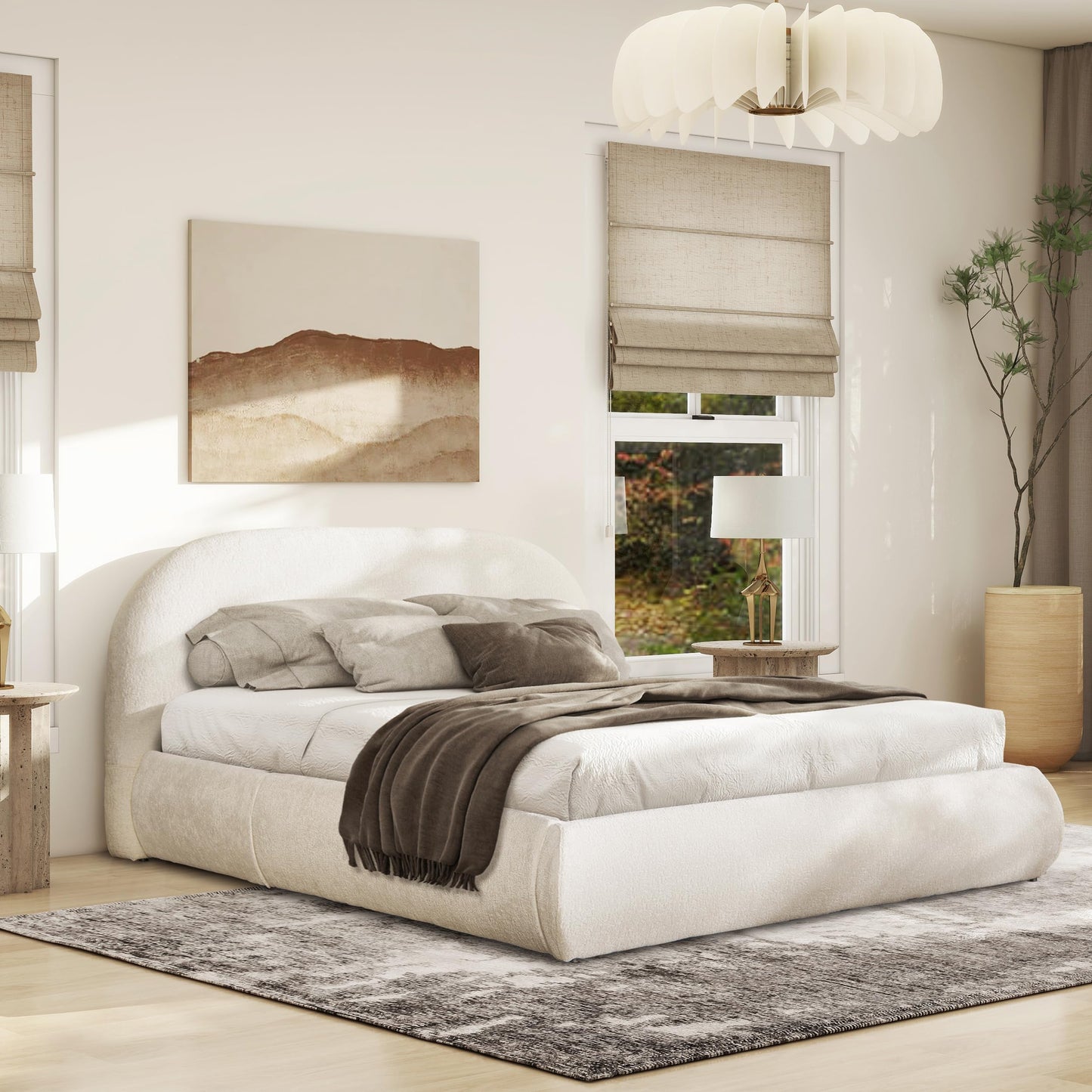 KOYVRY Grounded Bed Frame - Chenille White Bed Frames with Arch-Shaped Headboard and Wooden Slat Support, Upholstered Platform Bed for Bedroom, No Box Spring Required (Queen)