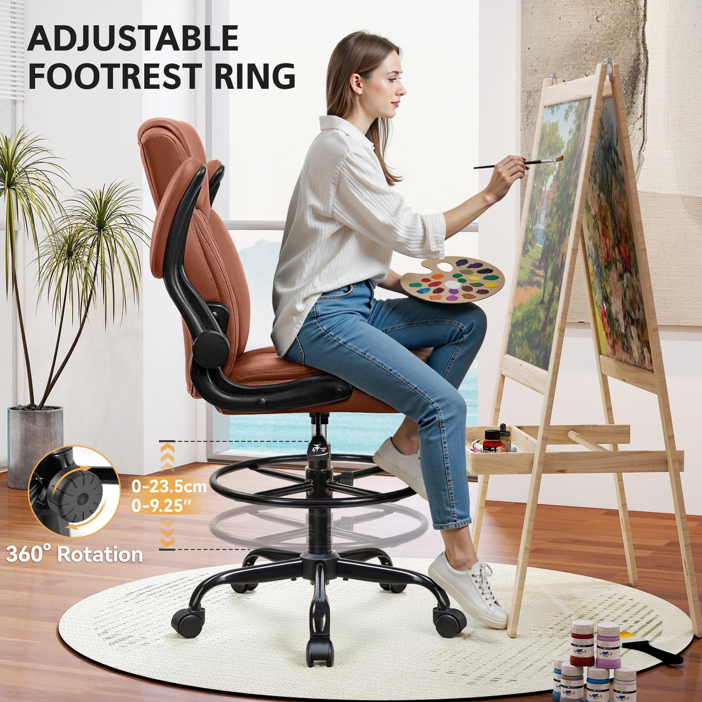 Drafting Chair, Tall Office Chair for Standing Desk, High Executive Leather Ergonomic Computer Chair with Adjustable Height and Flip-Up Armrest for Counter Height Desk, Brown, Pack of 1