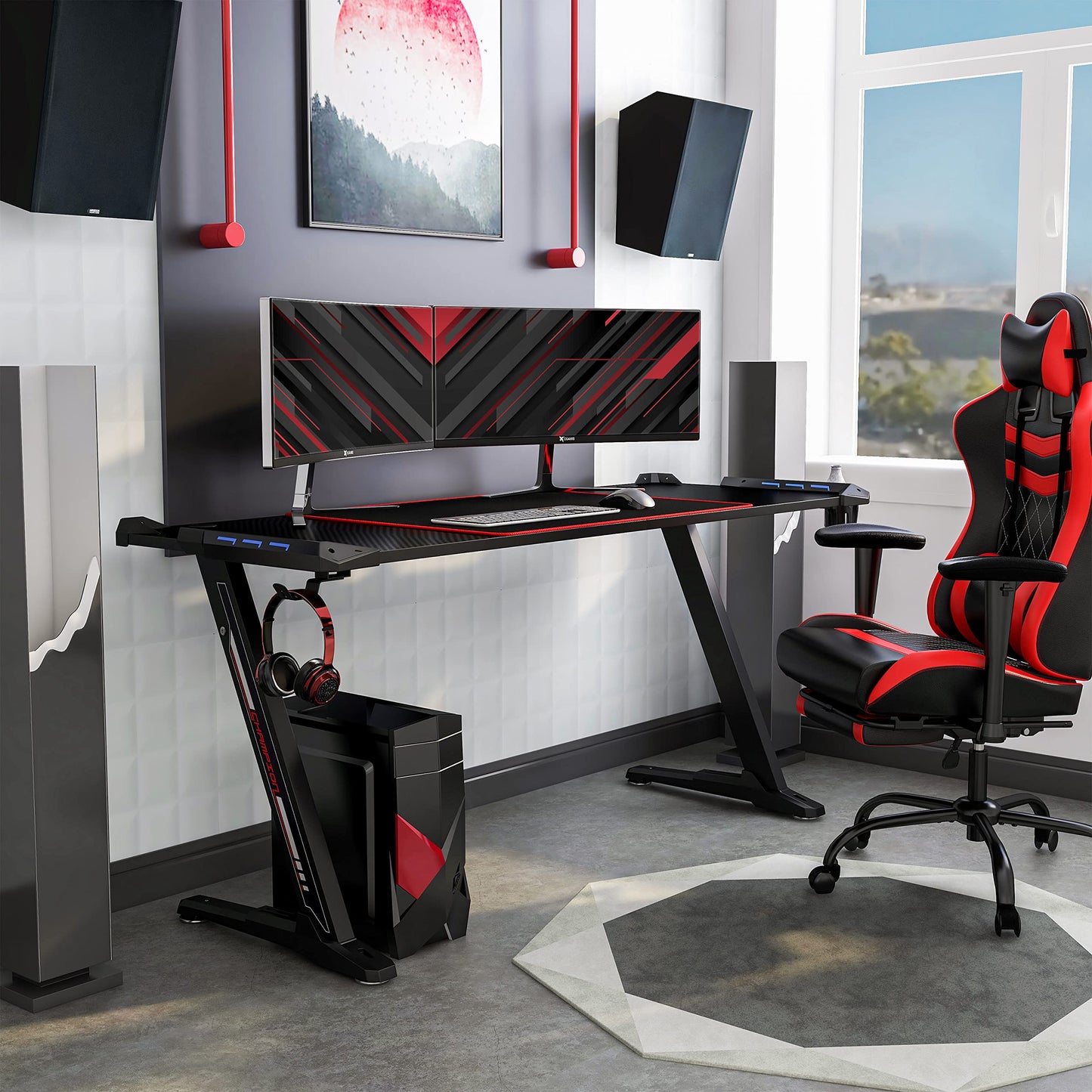 Homes: Inside + Out Kindira Modern Steel Gaming Desk with USB Ports, PC Mouse Pad and Rotatable Cup-Holder for Home Office, Classroom, Study Room, Black, Rectangular