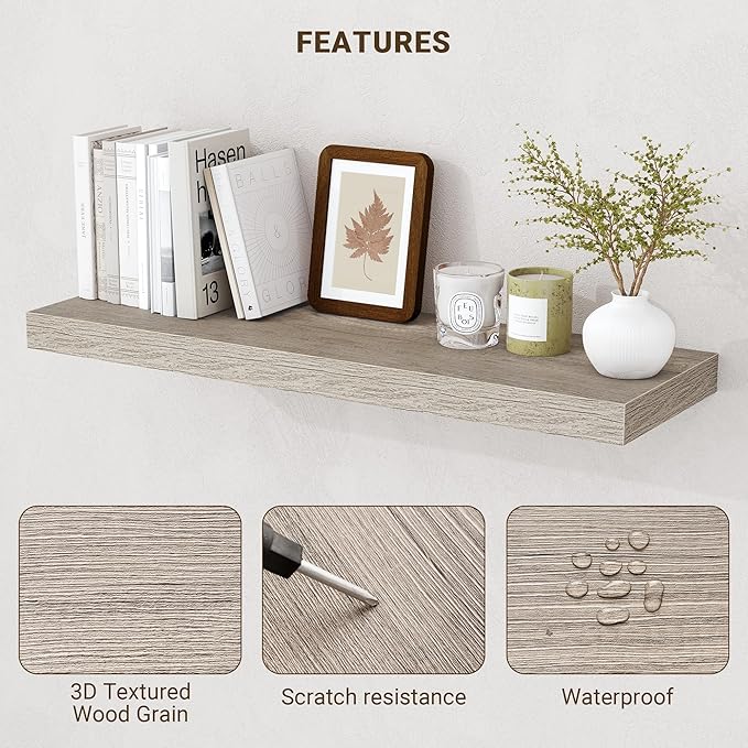 Acovy 36 Inch Floating Shelves, 3D Textured Wood Grain, Wooden Shelves
