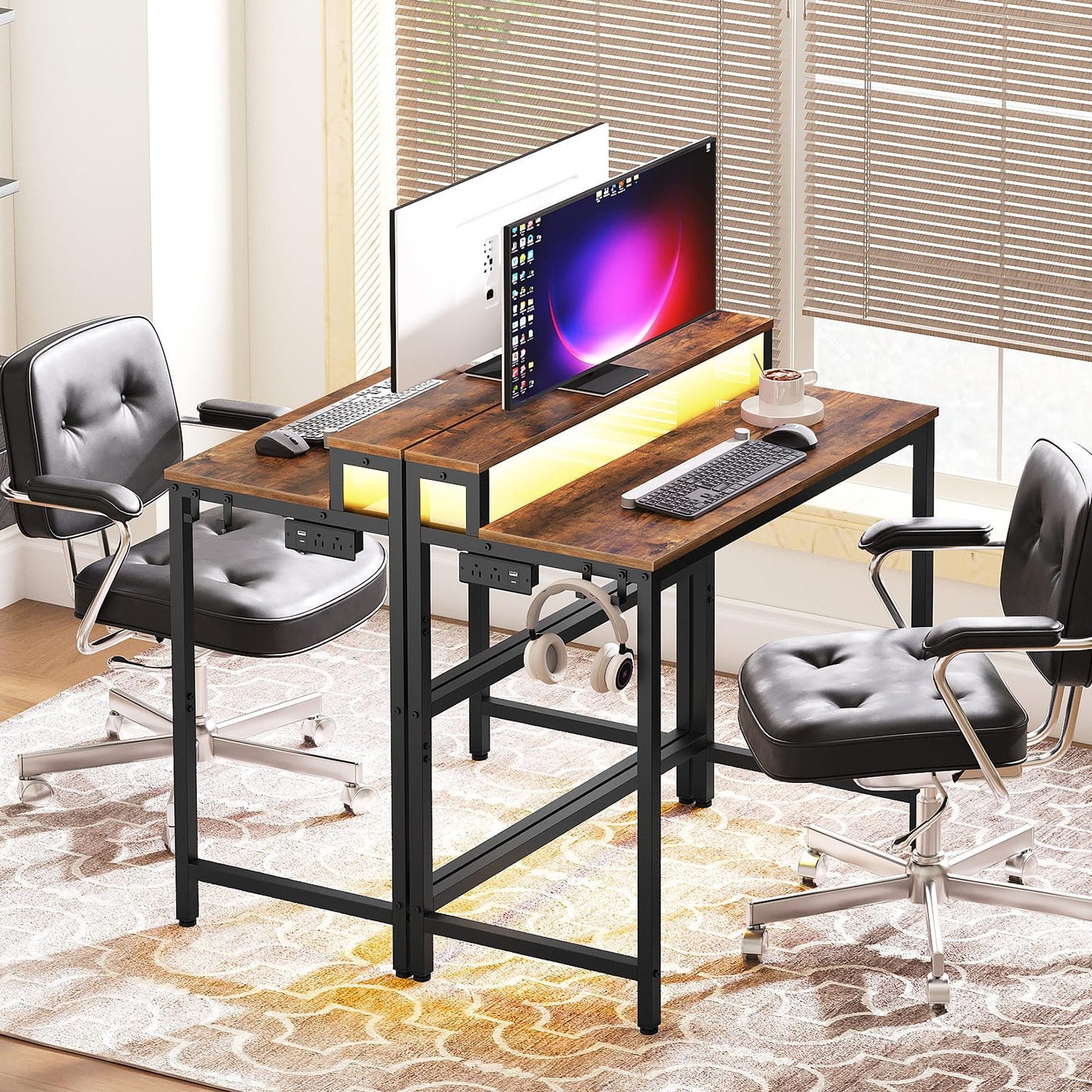 YATINEY Small Computer Desk with Charging Station and LED Lights, Gaming Desk with Monitor Stand, 2-Tier Home Office Desk with 4 Side Hooks, for Living Room, Home Office, Rustic Brown DN01UDBRY2