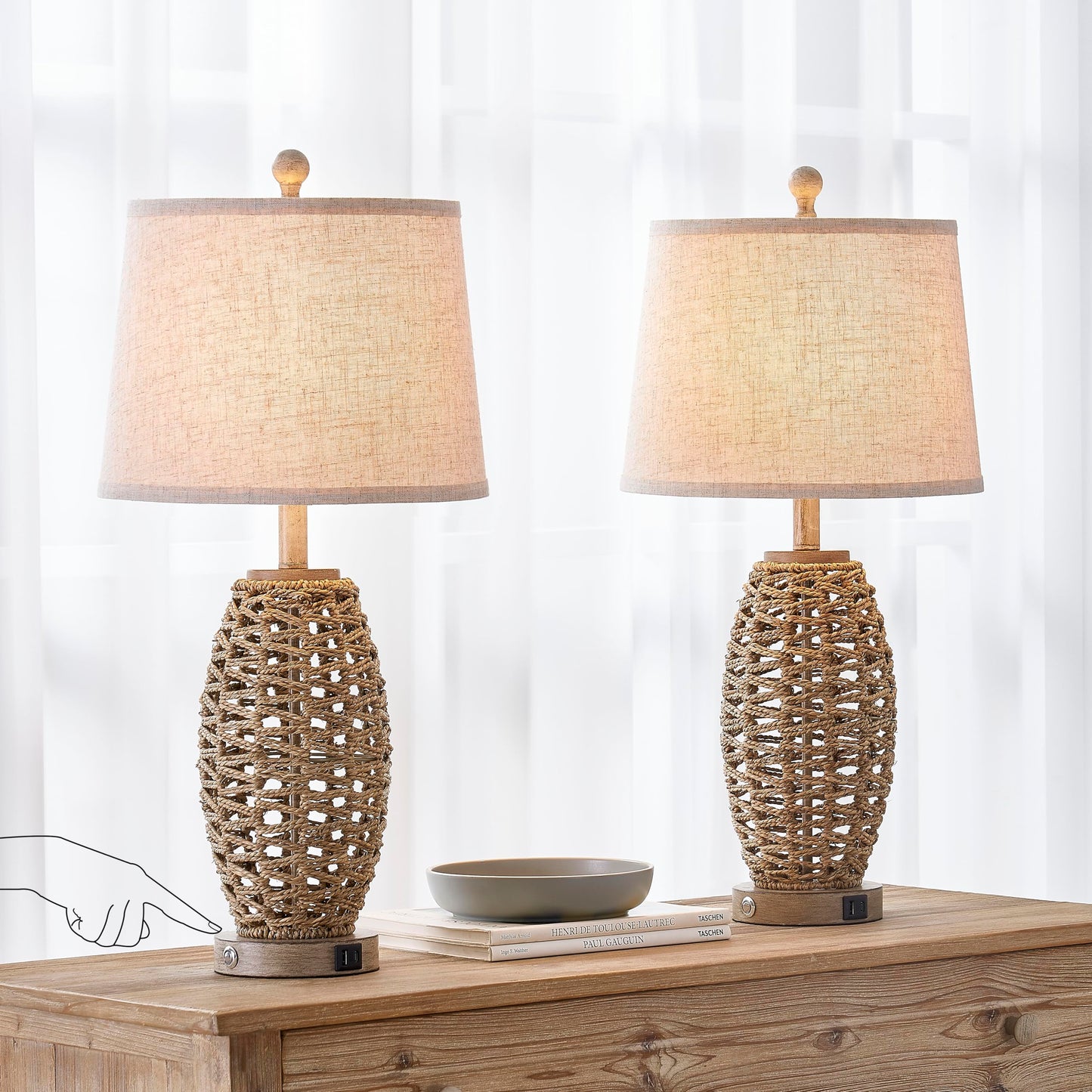 27” Natural Rattan Table Lamps Set of 2,Touch Switch,3-Way Dimmable Bedside Lamps, with A+C USB Charging Ports,Oatmeal Lampshade,Farmhouse Table Lamp for Bedroom, Living Room(2 Bulbs Included)