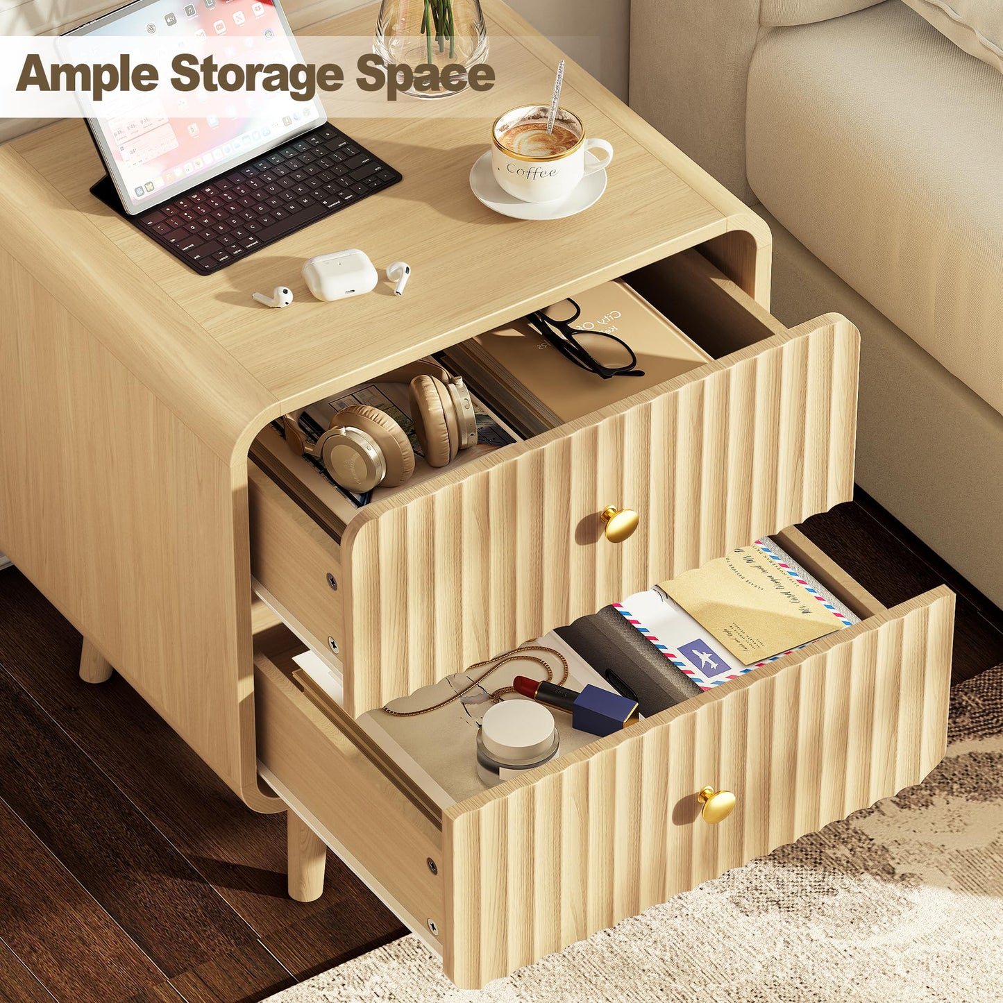 Decofy Fluted Nightstands with 2 Drawers, 19.7'' Wide Wood End Table with Curved Profile Design, Mordern Beside Table with Metal Handle for Bedroom, Oak