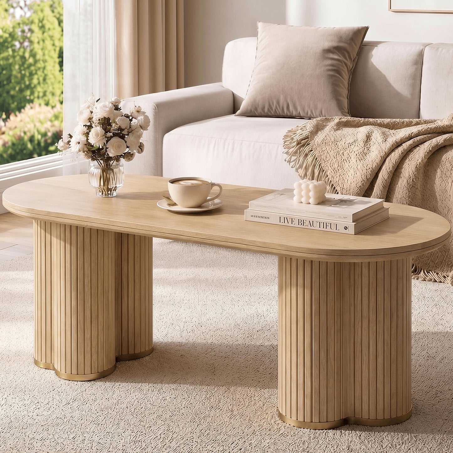 YOSHOOT Oval Fluted Coffee Table for Living Room - 47" Farmhouse Wood Coffee Table Modern Round Center Table for Living Room Home Office, Oak