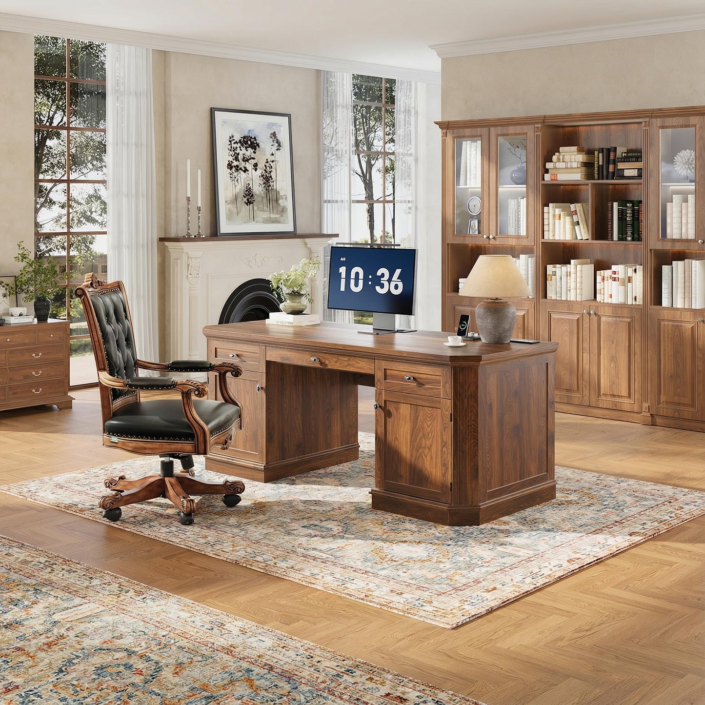 AMBERHAUS 59" Classic Executive Desk with Storage, Victorian Executive Desk with Charging Station, Keyboard Tray, 3 Drawers & 2 Cabinet Storage & 2 Pedestals, Easy Assembly, Dark Walnut