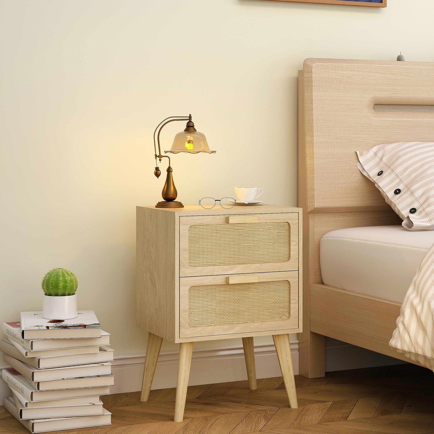 YAUKOMEL Rattan Nightstand, Wood End Table, Side Table with 2 Hand Made Rattan Decorated Drawers,Boho Bedside Table,Wood Accent Table with Storage for Livingroom, Bedroom, Natural CTG59Y