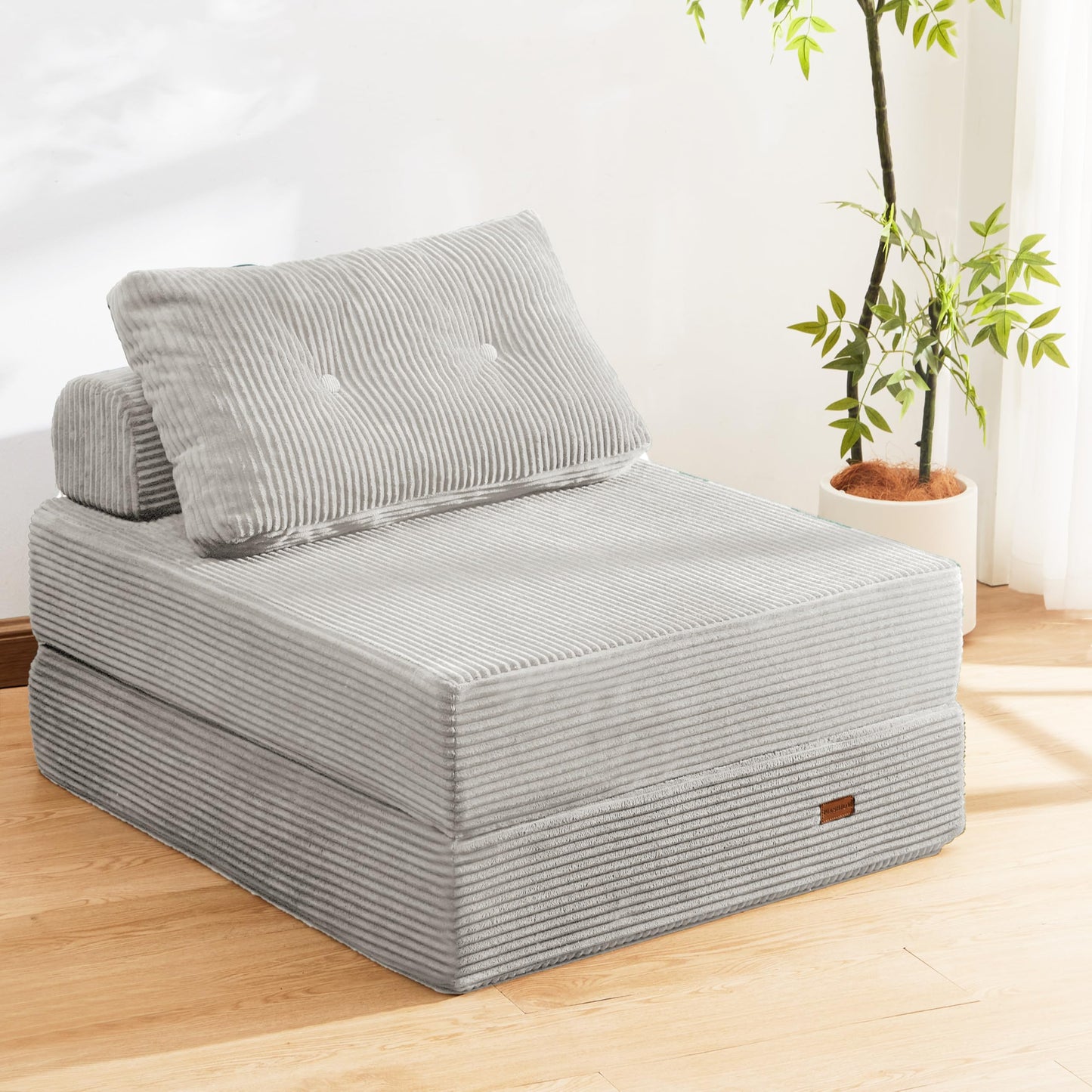 PIASHJOY Folding Sofa Bed Chair, Sleeper Chair with Pillows,Boneless Couch Sectional with High-Density Foam, Corduroy Fabric Couch,Foldable 3 in1 Mattresst for Small Space,Single, Silver Gray
