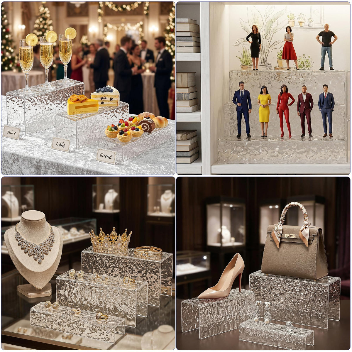 RICIPUSO 3 Pcs Clear Acrylic Display Stand with Crystal Texture, 4.5mm Thick Premium Acrylic Riser Set for Jewelry, Desserts, Handbags & Collectibles, Multi-Size Display Holder for Party & Home Decor