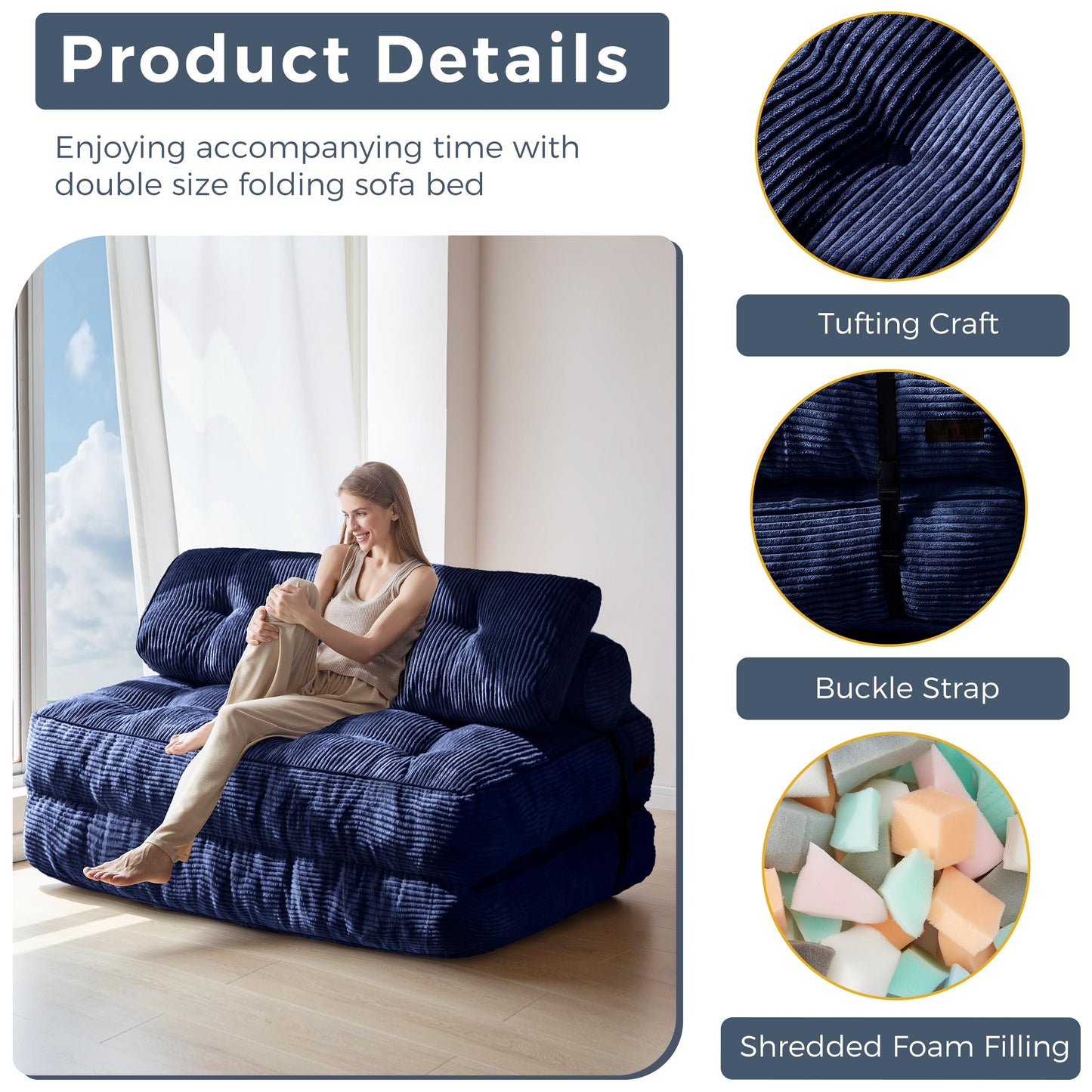 MAXYOYO Folding Sofa Bed, Convertible Chair with Pillow Foldable Couch with Back Support, Portable Fold Out Chair Bed Comfy Floor Sofa Lounge for Living Room Bedroom, Navy Double