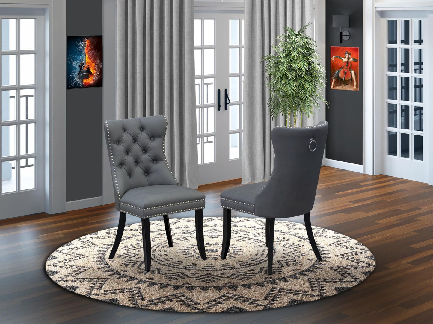 East West Furniture DAP6F13 Dallas Parsons Dining Chairs - Button Tufted Nailhead Platinum Gray Polyester Fabric Padded Chairs, Set of 2, Wirebrushed Black