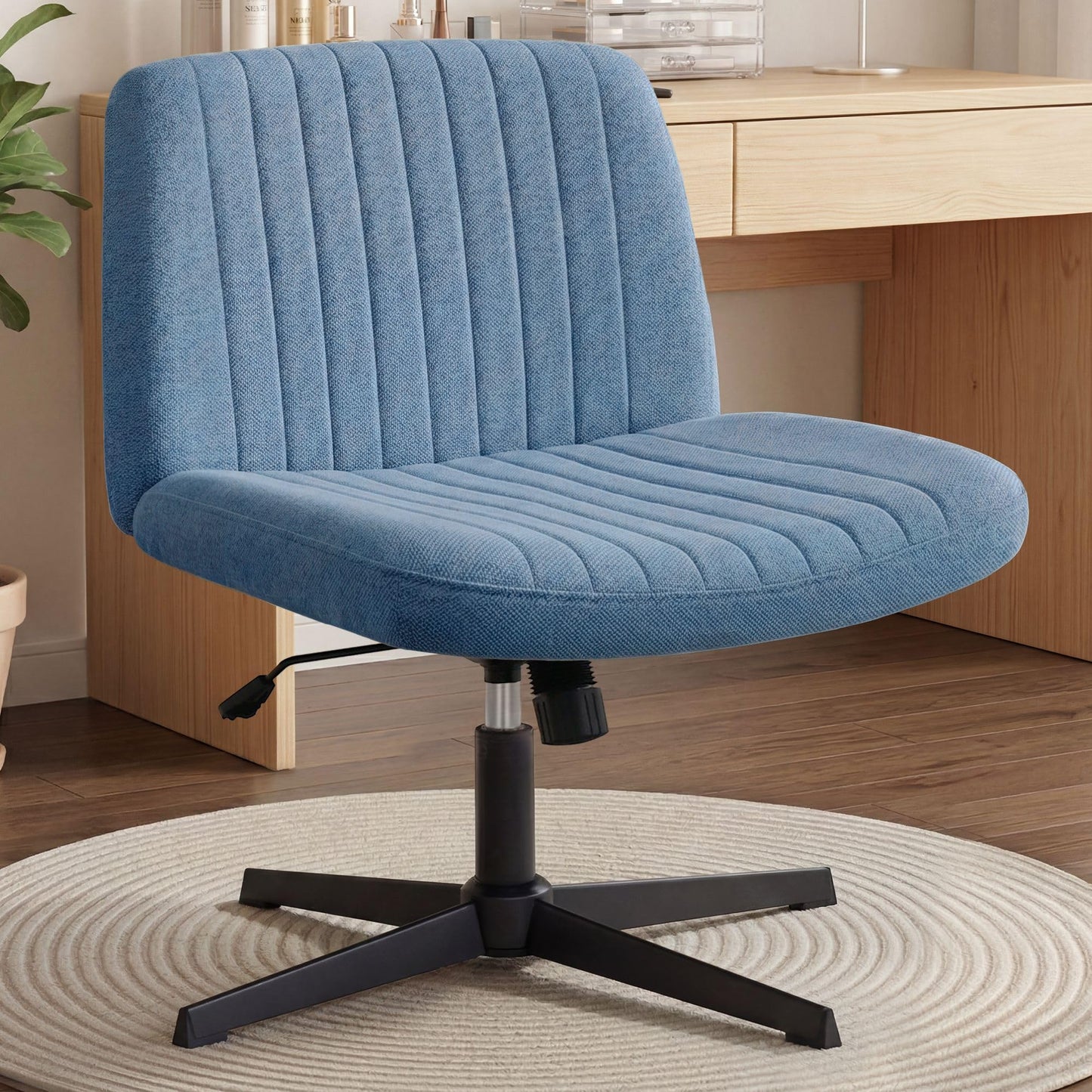 Orange Factory Criss Cross Chair No Wheel Wide Cross Legged Office Desk Vanity Chair Comfy Fabric Armless Adjustable Swivel for Home Computer Task (Blue No Wheel, Classic Fabric)