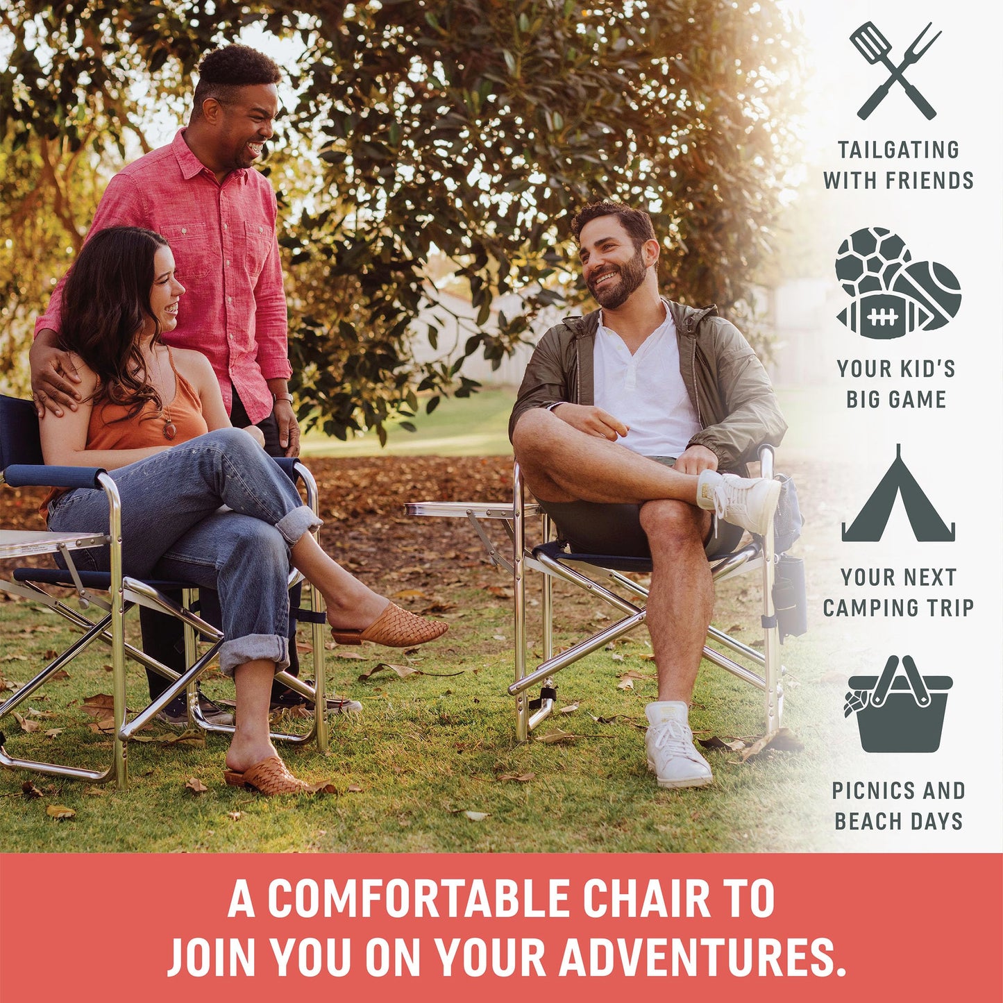 PICNIC TIME Sports Chair with Side Table and Armrest Caddy, Lightweight Aluminum Folding Outdoor Camping Chair for Adults, Portable Director Style Lawn Seating with Pockets & Carry Strap, (Navy Blue)
