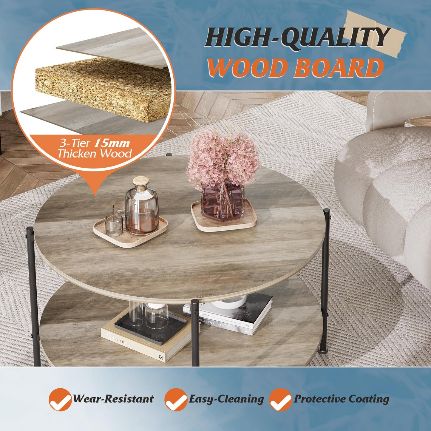 WLIVE Round Coffee Table, 32.6" Small Coffee Table with Storage Shelf, 2-Tier Circle Wood Center Table for Living Room, Apartment, Rustic Brown (Grey, 32.6" D x 32.6" W x 17.5" H)