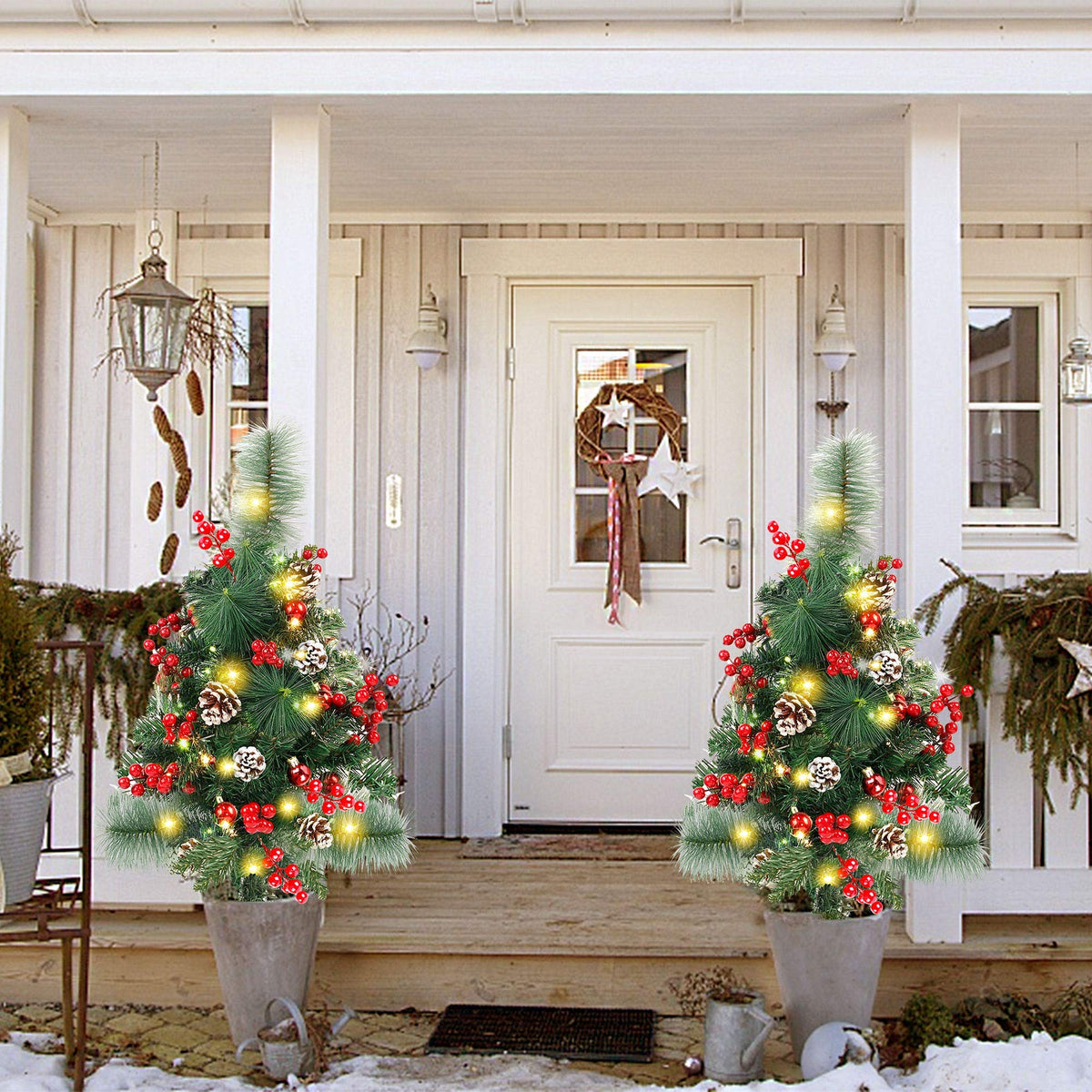 FORUP Set of 2 30 Inch Pre-Lit Pathway Christmas Trees Urn Filler, Outdoor Christmas Tree Decorations for Porch, Driveway, Yard, Garden, with 60 LED Lights, Red Berries, Pine Cones, Red Ball Ornaments