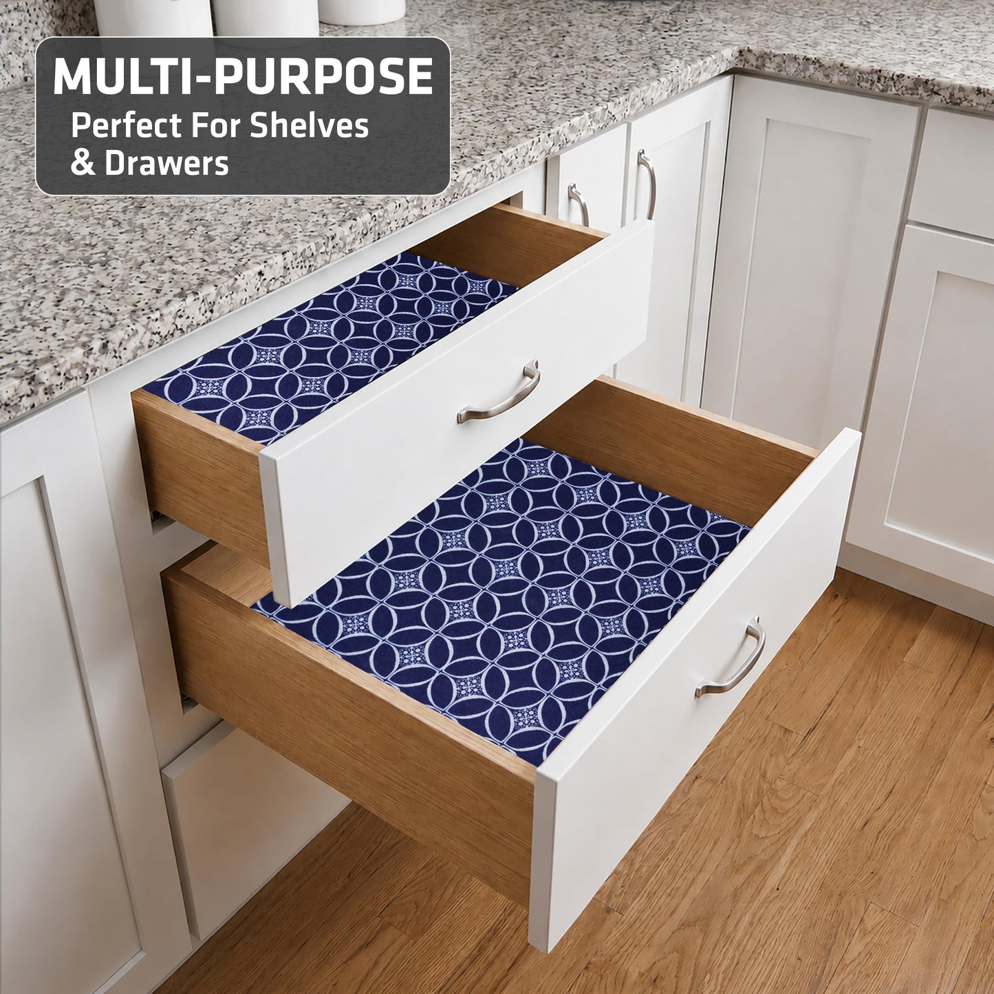 Drymate Premium Luxury Shelf & Drawer Liner, Thick Cushioned Fabric, Non-Adhesive, Absorbent, Waterproof, Slip-Resistant, Liners for Kitchen Cabinets, Cupboards (USA Made)(12”x59”)(2-Pack)(Indigo)