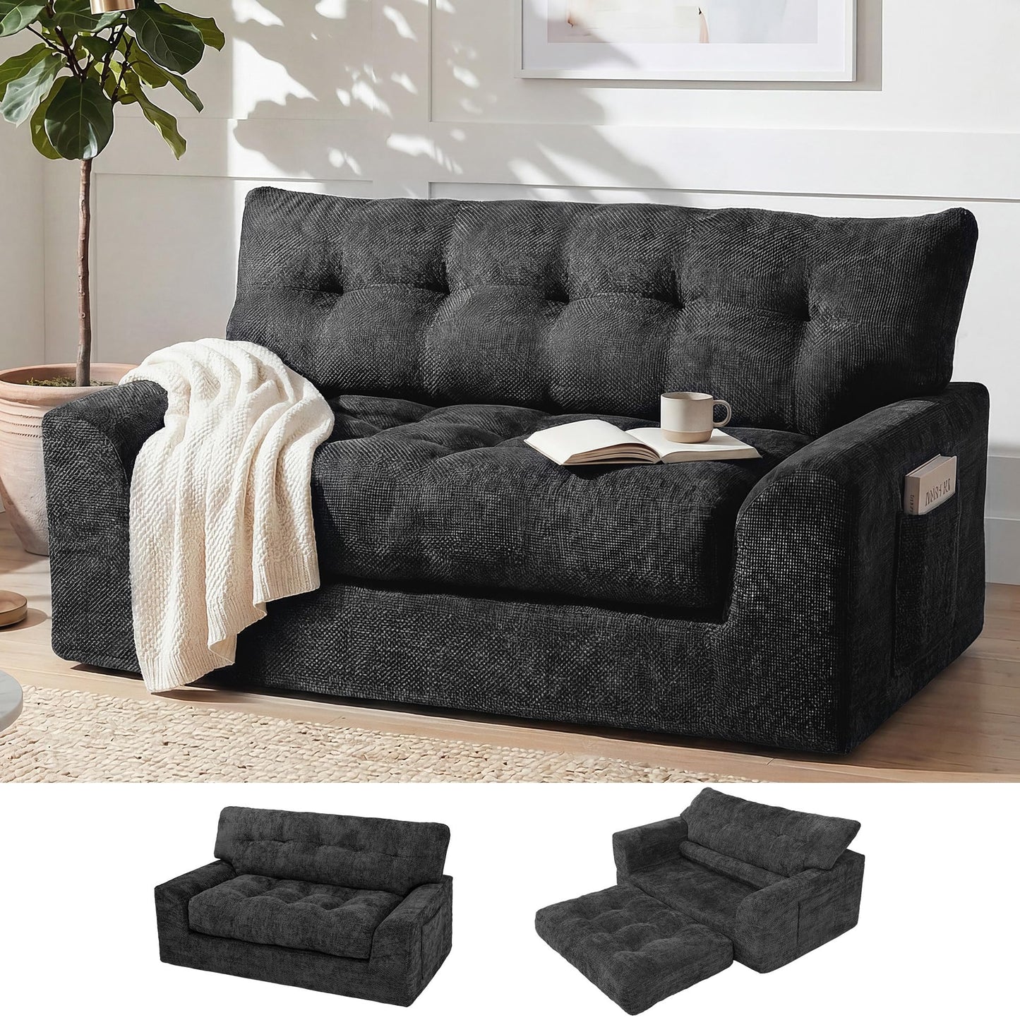 MONVANE 55.5" Convertible Loveseat Sofa Bed, 2-in-1 Boneless Sleeper Sofa Couch with Storage Pocket, Comfy Chenille Deep Seat Couch for Living Room, No Assembly Required, Black