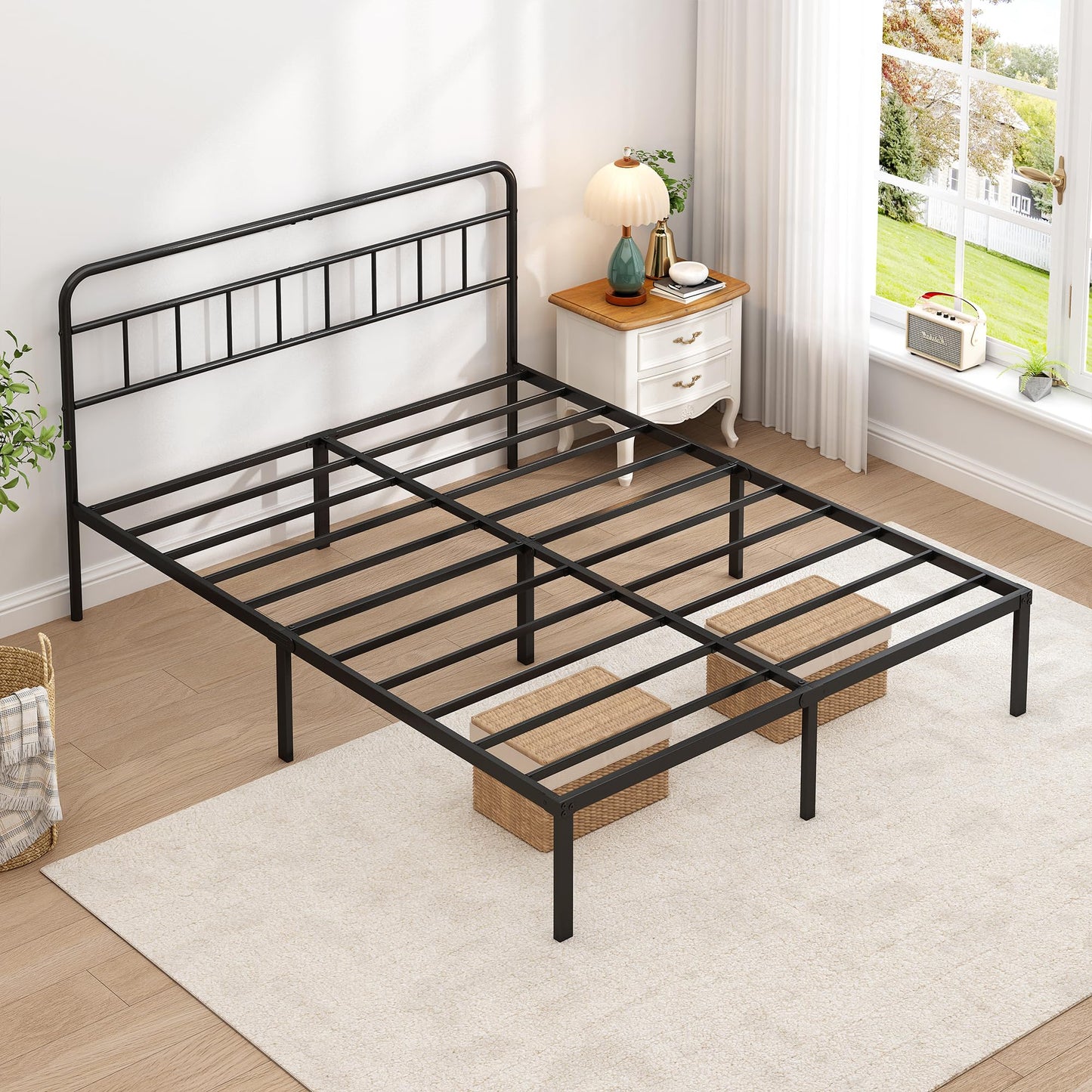Ziguxiao Queen Bed Frame with Classic Headboard,Strong Metal Slats Support,Under Bed Storage Space,No Box Spring Needed,Easy to Assemble,Black