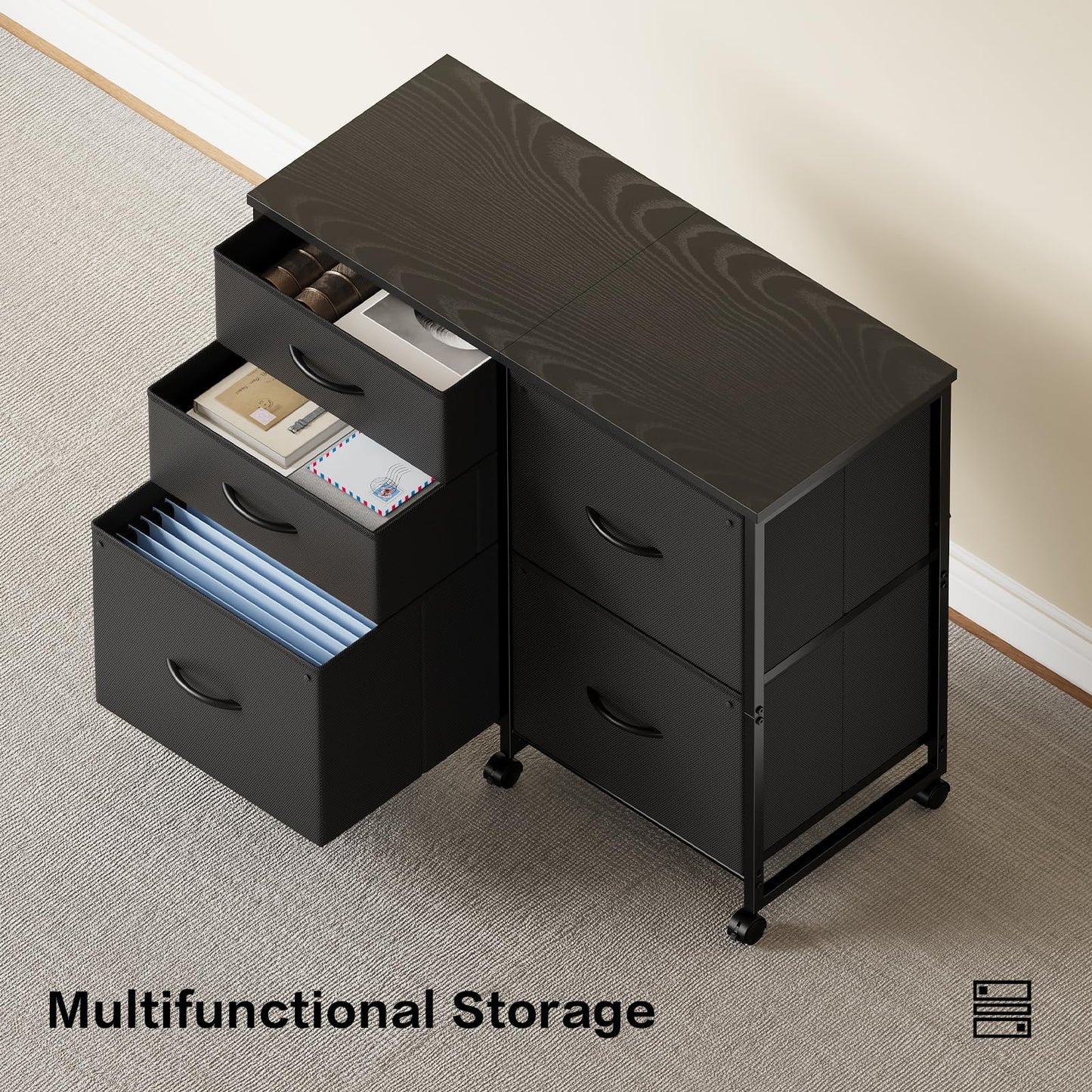 YeTom Lateral File Cabinet with 5 Drawers Rolling Filing Cabinets Under Desk Storage Printer Stand with Wheels,Mobile File Cabinet for Home Office,Black
