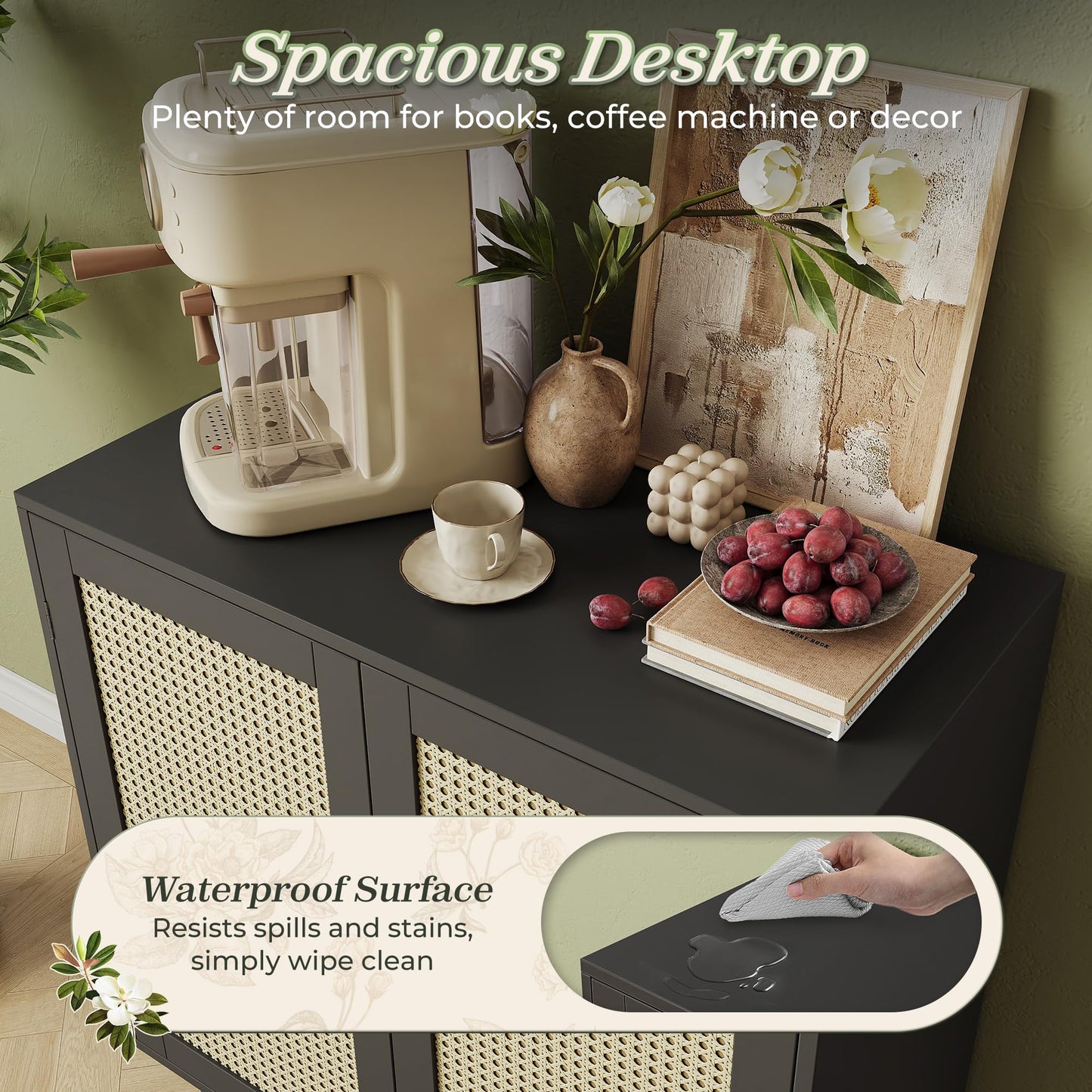 Huuger Buffet Cabinet with Storage, Storage Cabinet with Synthetic Rattan Decor Doors, Solid Wood Feet, for Hallway, Entry, Living Room, Black