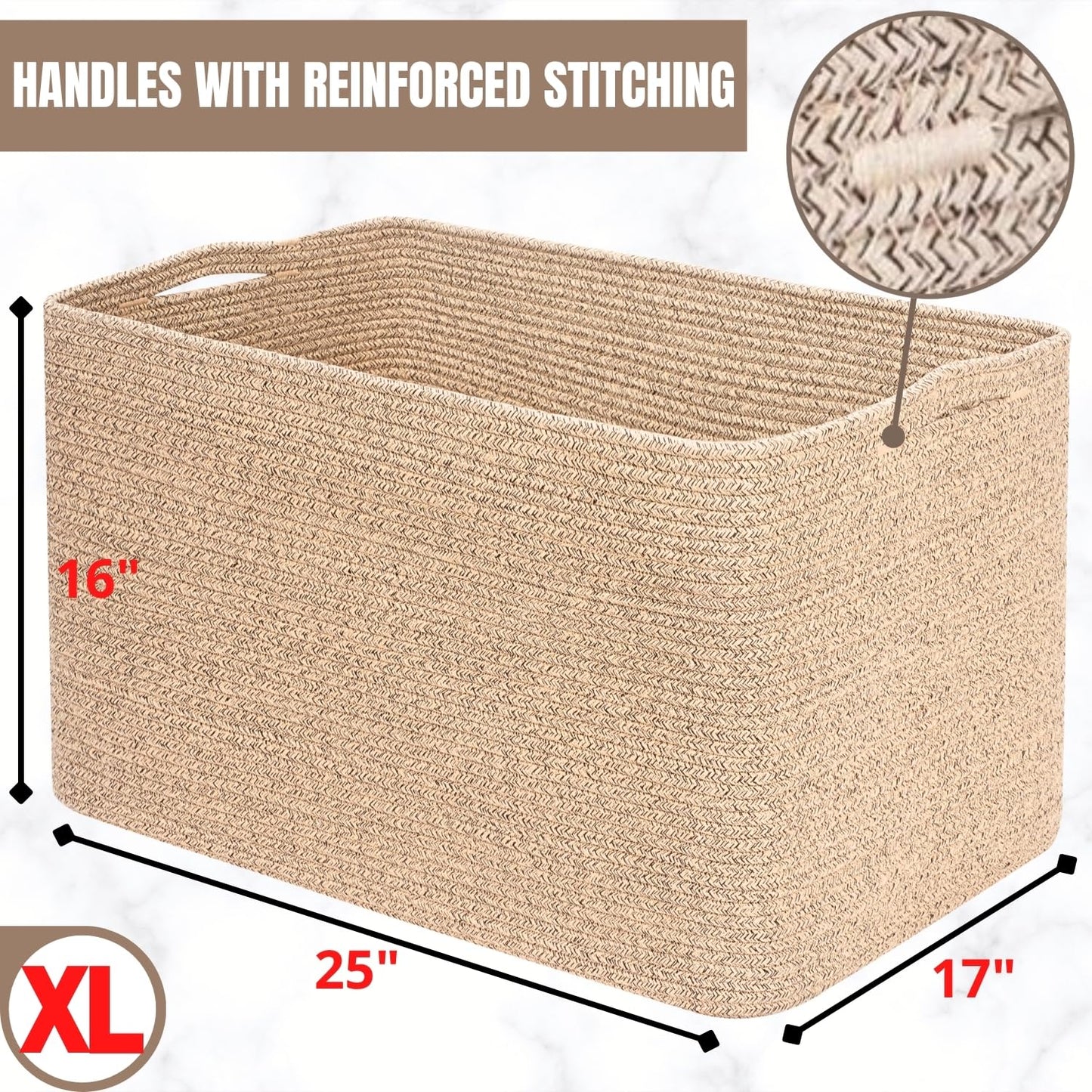 MINTWOOD Design 112L Extra Large Blanket Basket Holder Living Room, 25"x17"x16" Rectangle Rope Woven Storage Basket with Handles for Laundry, Towels, Shoes, Dog Toy Organizer Bin Box, Oatmeal Brown