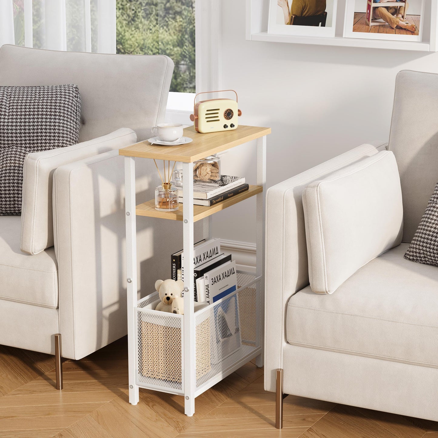 MMEOLUOOK Narrow Side Table with Storage Basket Skinny End Tables for Smalls Spaces 3 Tier Sofa Table Small Nightstand Slim Bedside Table for Living Room Bedroom Natural Wood MLBZ22Y