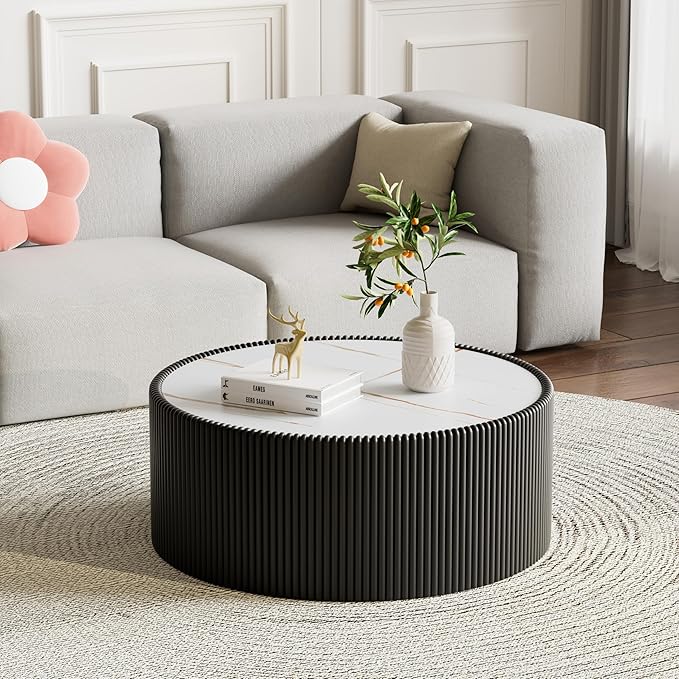 SSLine Round Drum Coffee Table Modern Sintered Stone Top Coffee Table in Black