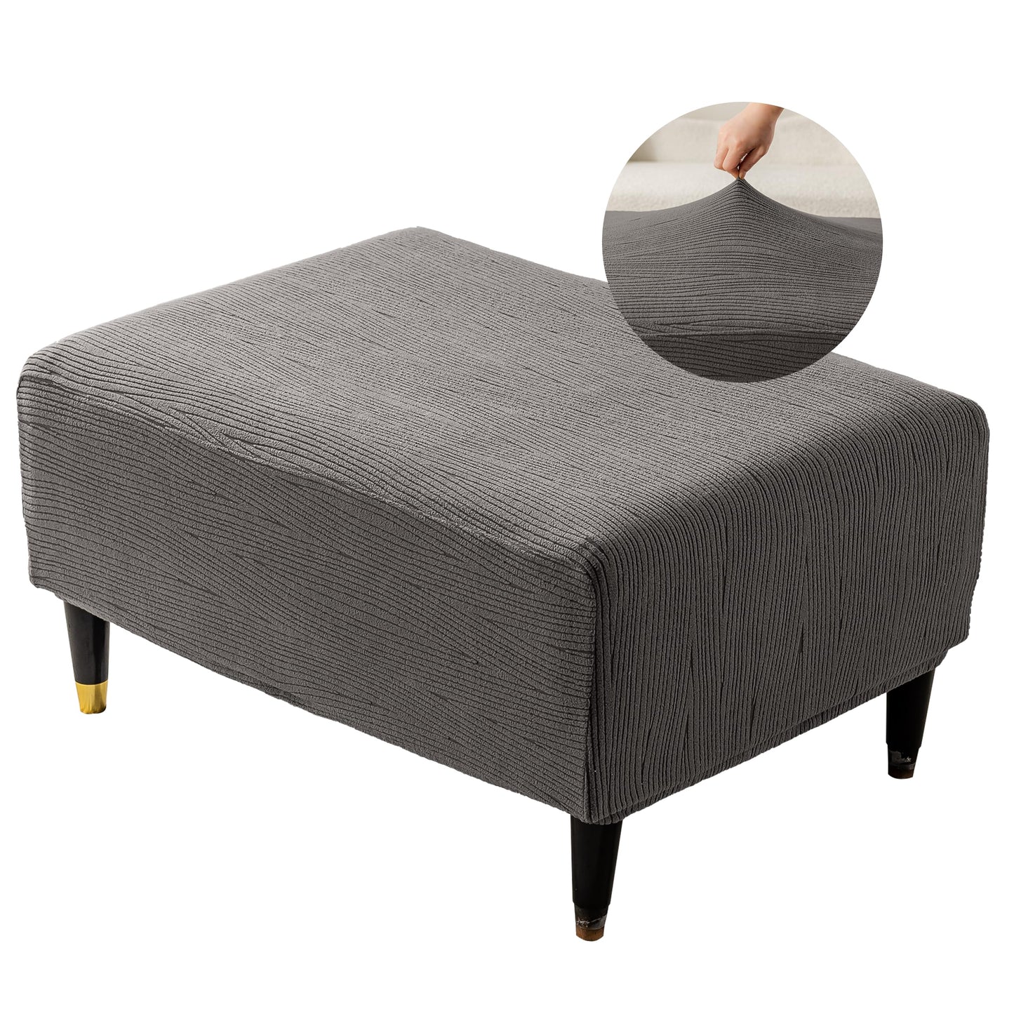 KaviKon Ottoman Cover Slipcover Rectangle Fit Length 25"-30" Stretch Foot Stool Slip Cover, Footrest Slipcovers Protector with Elastic Band, Ottoman Cover Removable Washable(Small,Slanted Rib Grey)