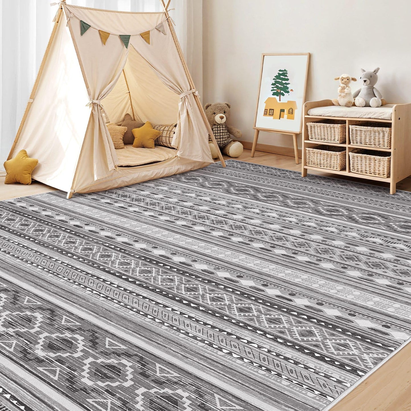 cotiled 5x7 Area Rugs Living Room Rug: Washable Boho Rugs with Non Slip Backing Large Soft Indoor Stain Resistant Carpet for Bedroom Farmhouse Dining Room Lightweight Home Decor Beige Grey